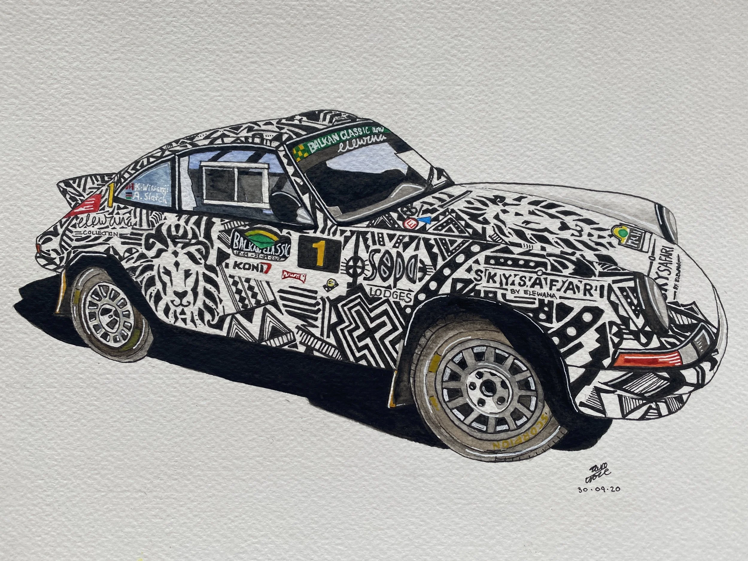 A hand-drawn watercolor illustration of a rally car with sponsor logos, stylized with black and white tribal patterns, and green and yellow accents. The car features the number 1 and names of drivers and teams, with a signature and date at the bottom right corner.