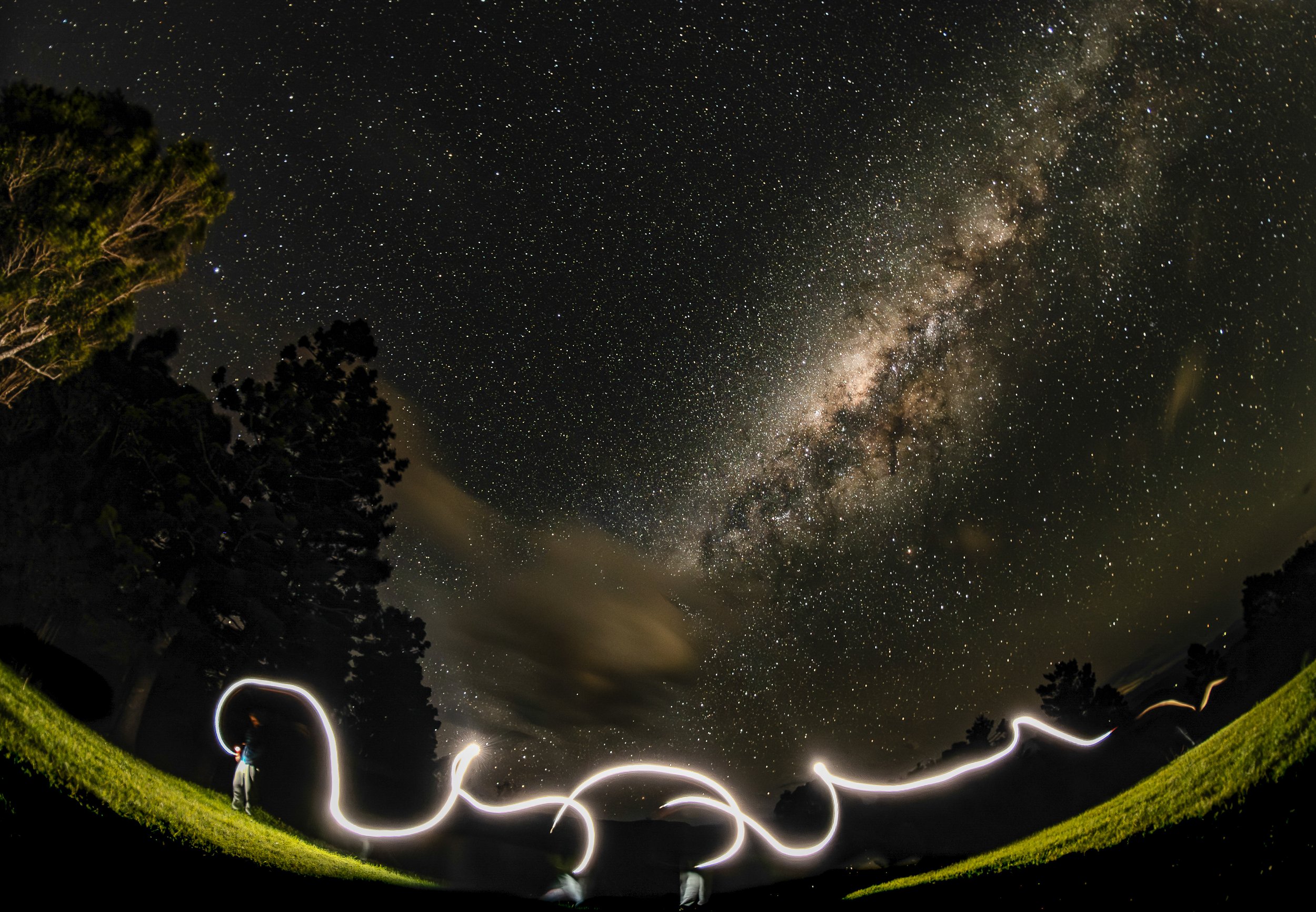 Night sky filled with stars and the Milky Way galaxy visible above a grassy field with trees. Long exposure light trails form the word "LOVE" on the ground.