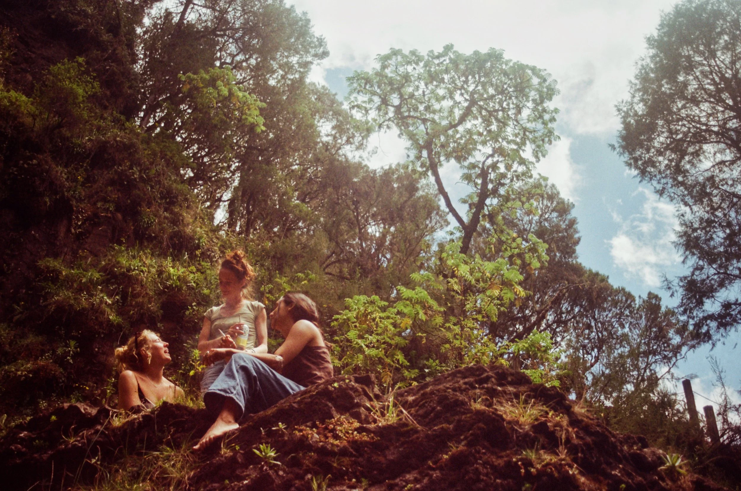 Group of women sitting on rocky ground outdoors, surrounded by trees under a partly cloudy sky, some holding drinks and talking.
