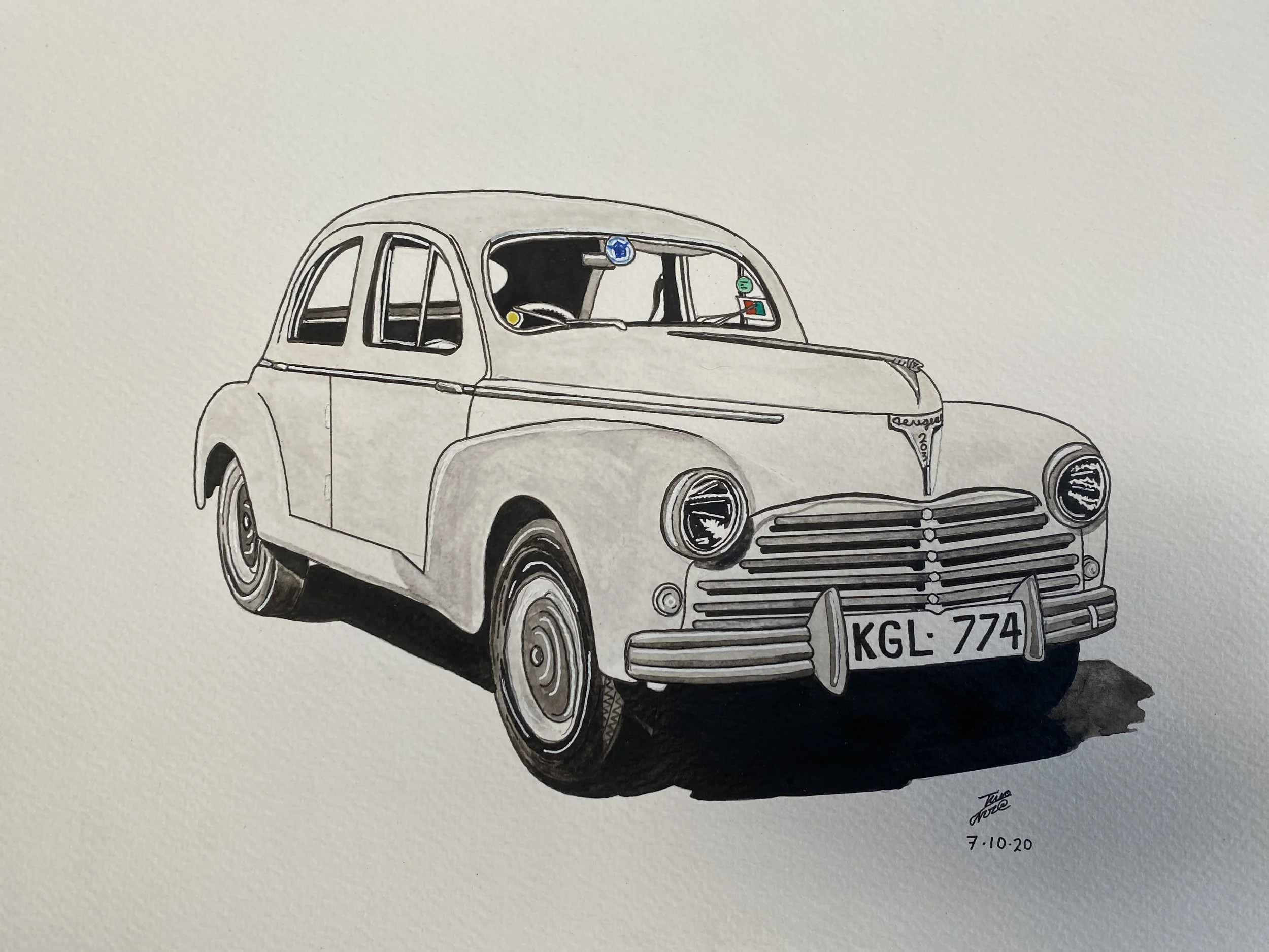 A detailed black-and-white drawing of a vintage compact car, showing the front, side, and headlight details. The car has a license plate reading KGL 774 and is signed with the artist's signature and date '7.10.20' in the bottom right corner.