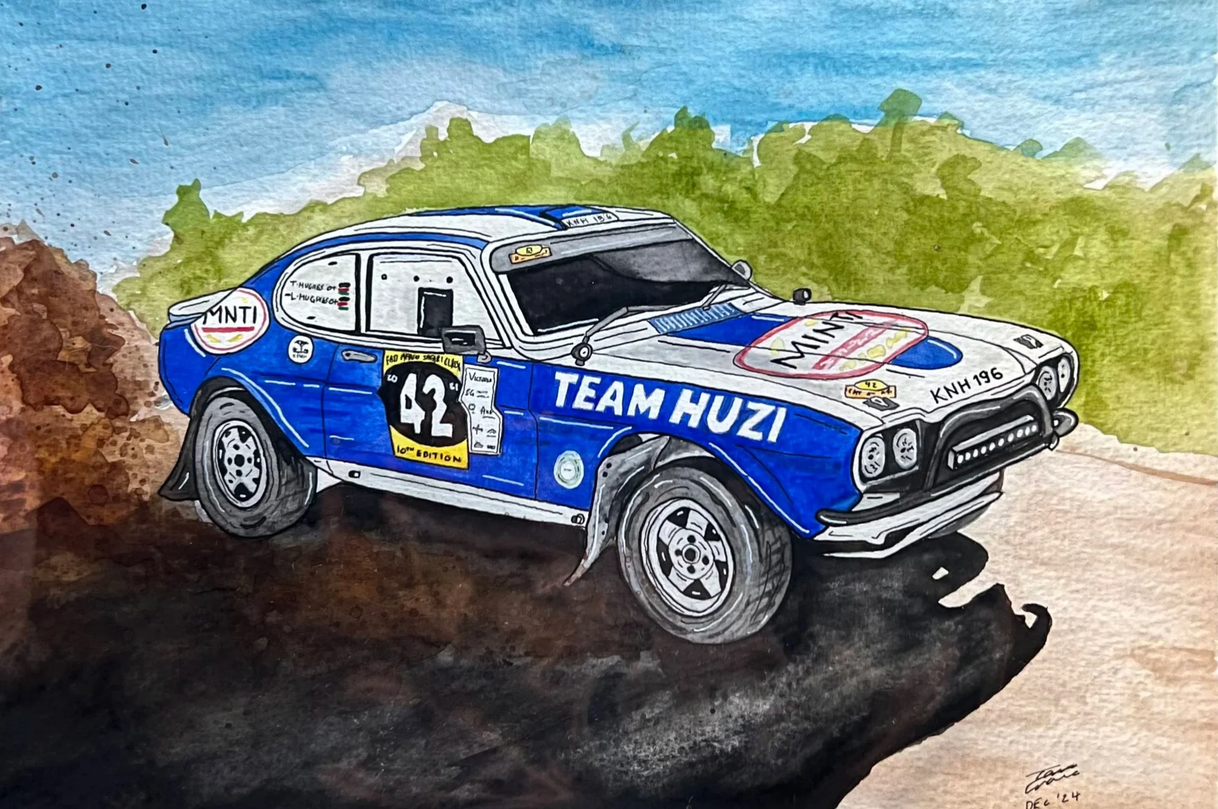 Watercolor painting of a blue and white rally car with various sponsor stickers, racing number 42, driving on a dirt road with green bushes and trees in the background under a blue sky.
