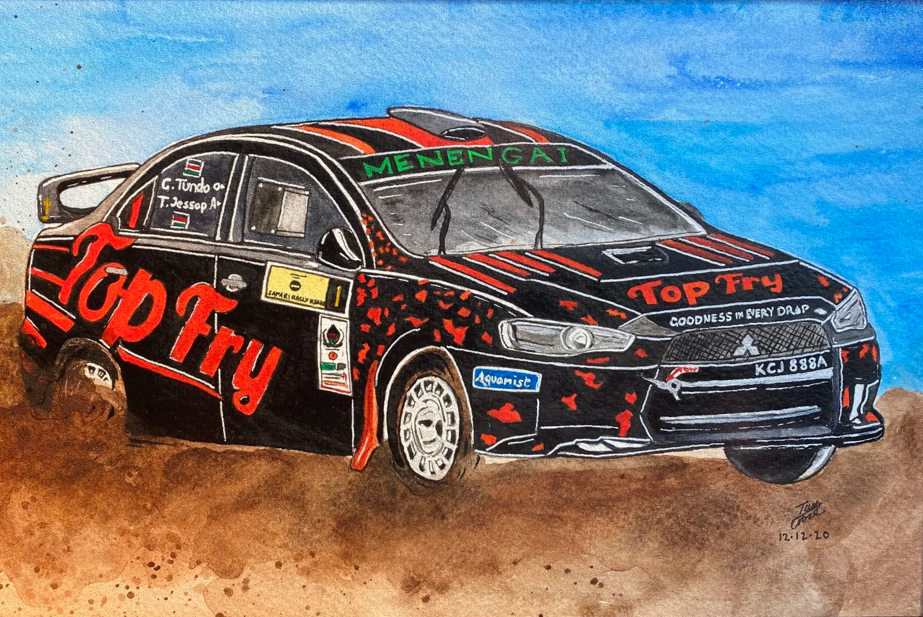 A detailed illustration of a racing car, primarily black with red and white accents, decorated with various sponsor logos and phrases like "LADY FU!", "TOP FRY," and "GOODNESS IN EVERY DROP." The car is on brown dirt or gravel terrain under a blue sky, with the artist's signature and date at the bottom right.