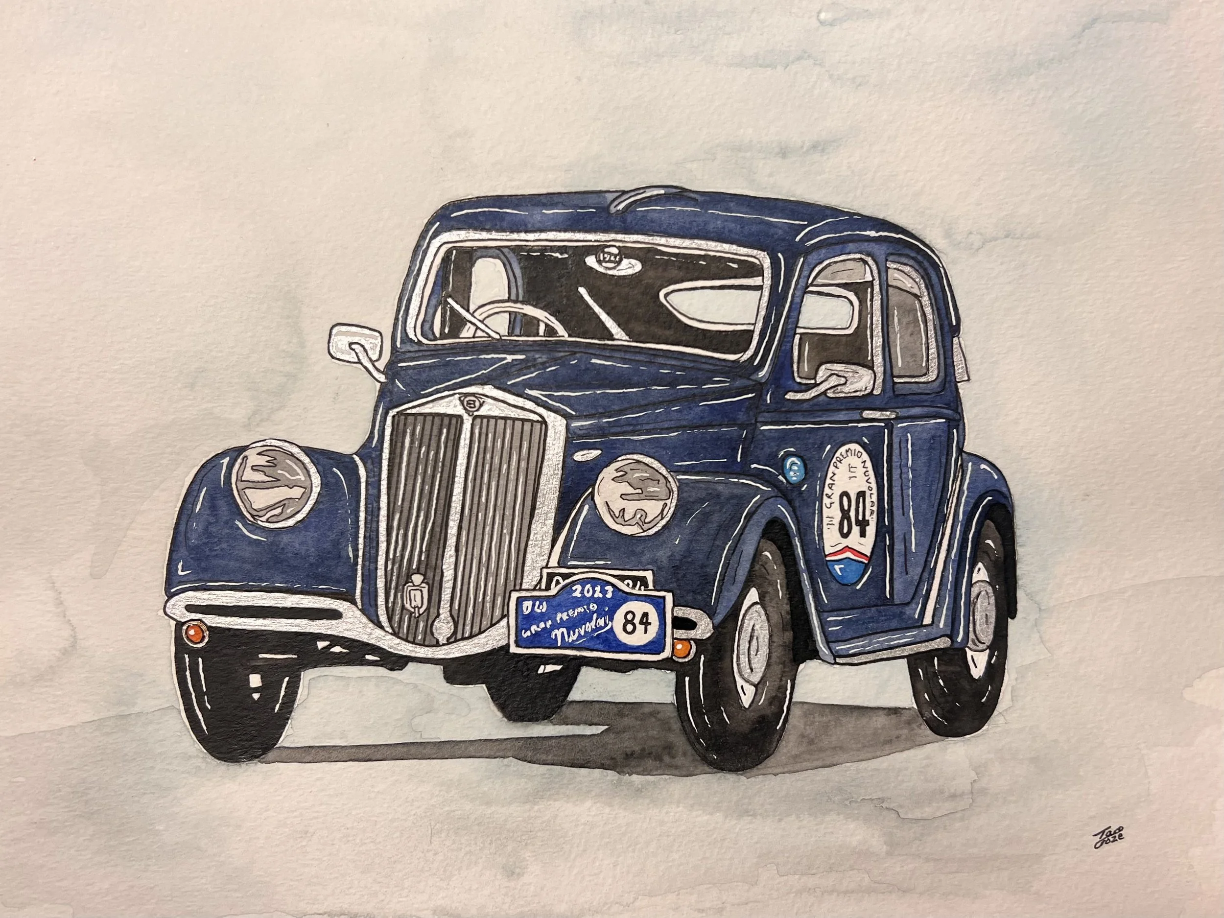 Hand-drawn illustration of a vintage blue car with a license plate and various icons, signed by the artist in the bottom corner.