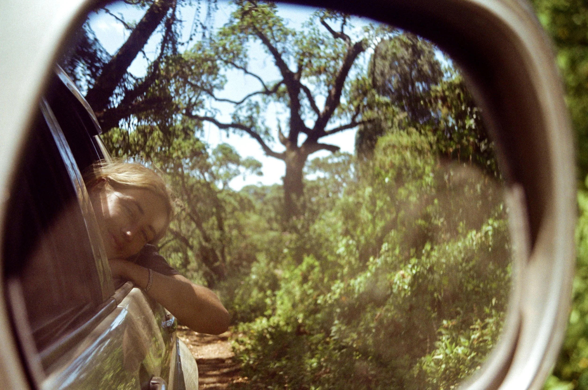 Looking through the side mirror of a vehicle, a woman with blonde hair is seen sitting on the vehicle's fender, surrounded by tall trees and greenery on a sunny day.