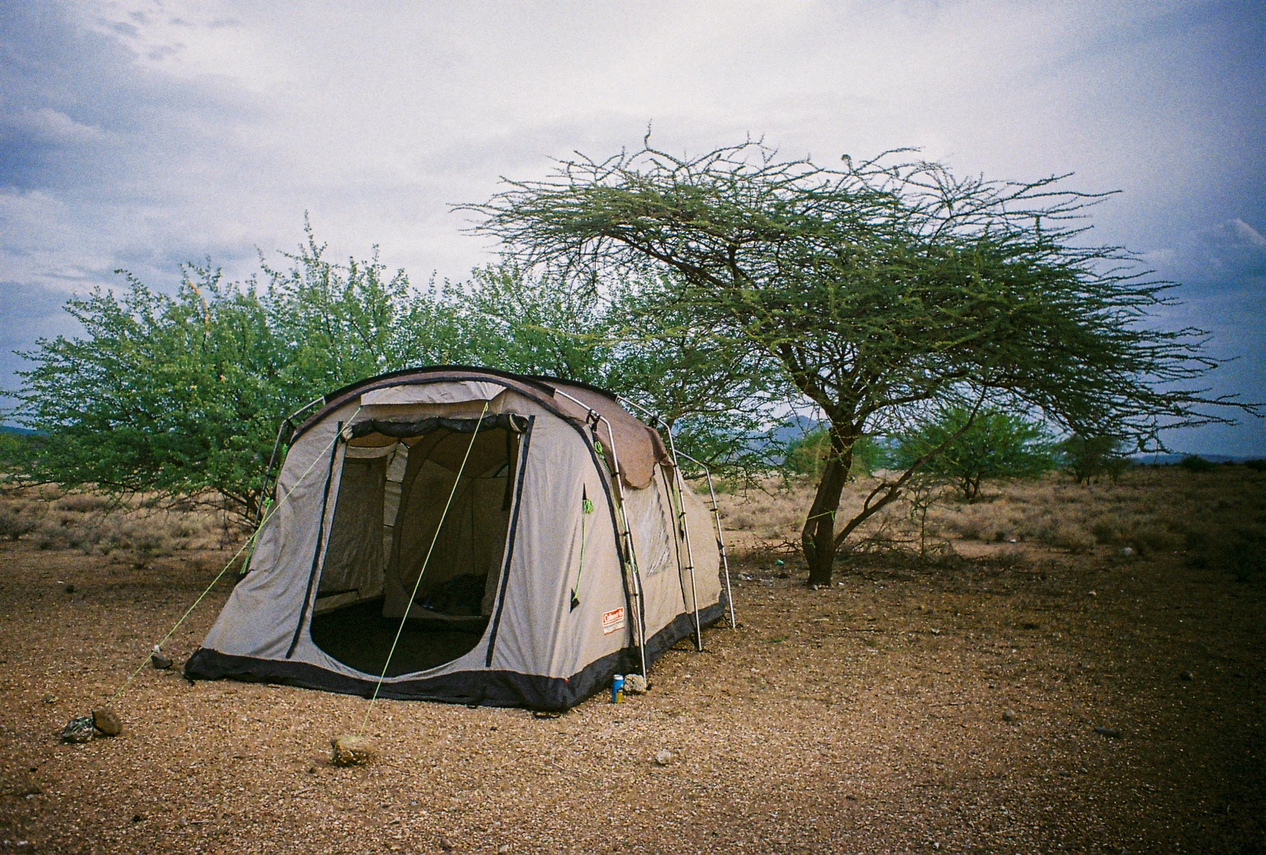 A camping tent set up on a dry, rocky terrain in a savannah landscape with green bushes and scattered trees under a cloudy sky.