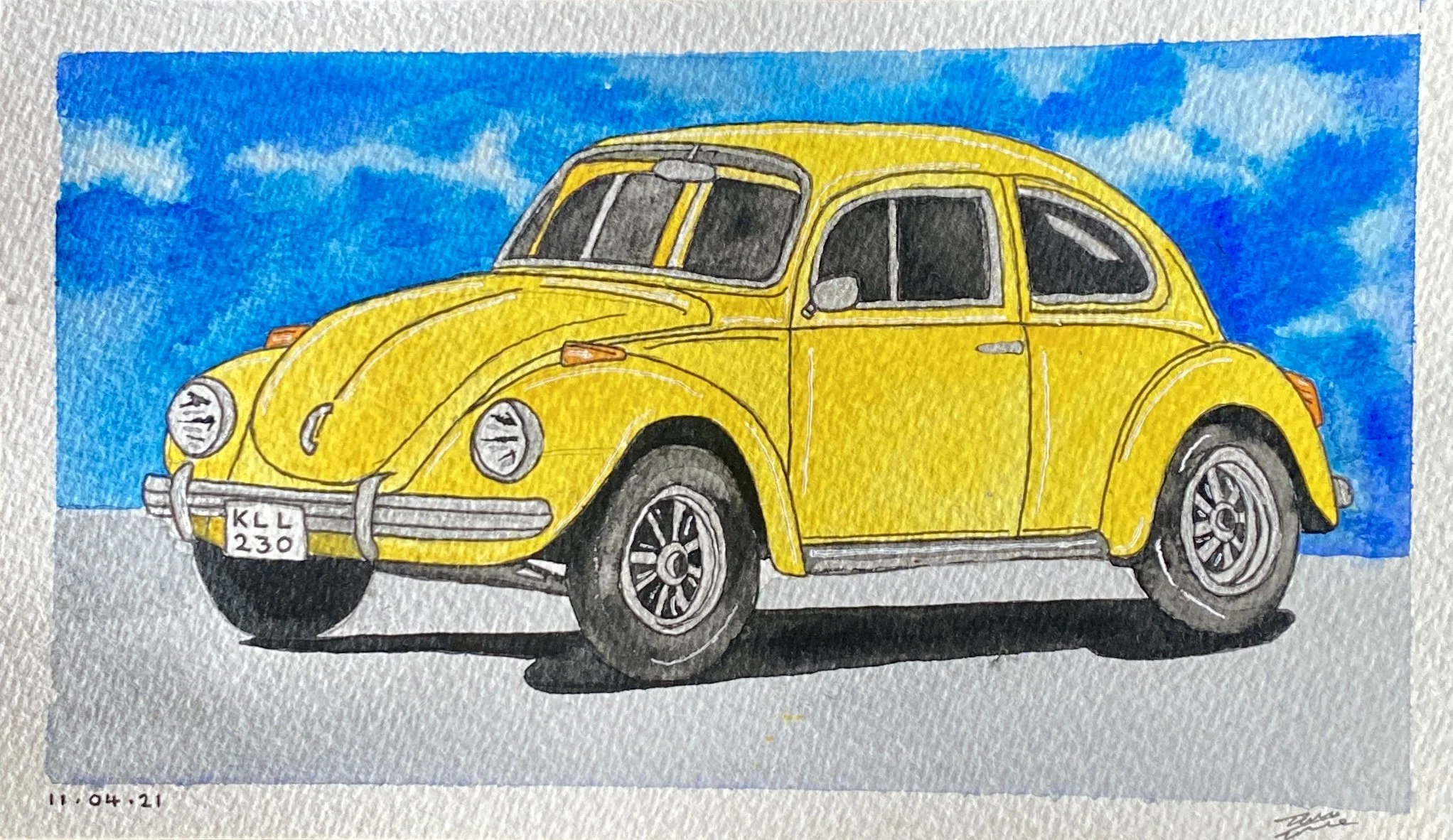 A watercolor painting of a yellow vintage Volkswagen Beetle car against a blue sky background with white clouds.