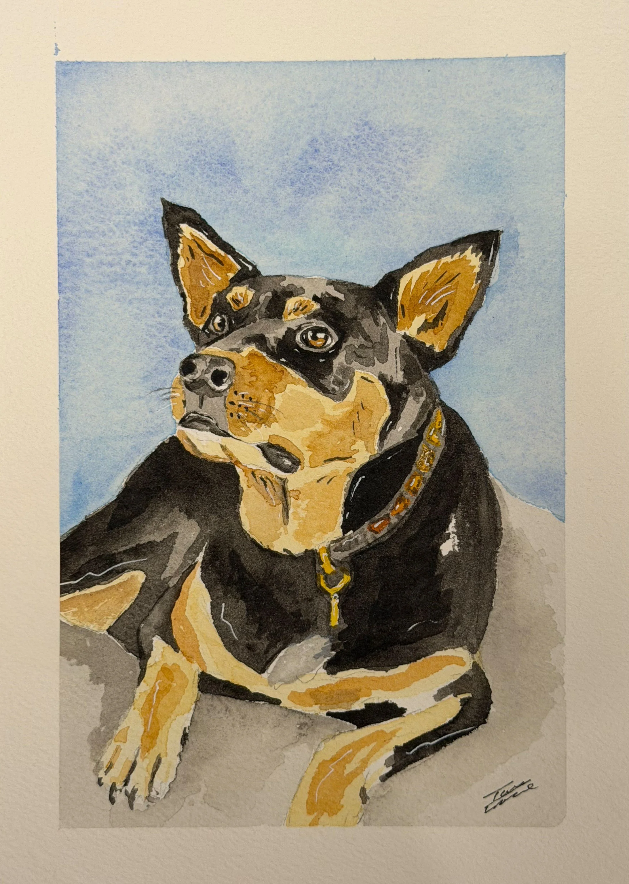 Hand-painted portrait of a dog with black, brown, and tan fur, sitting against a light blue background. The dog has large ears and wears a gold chain collar.