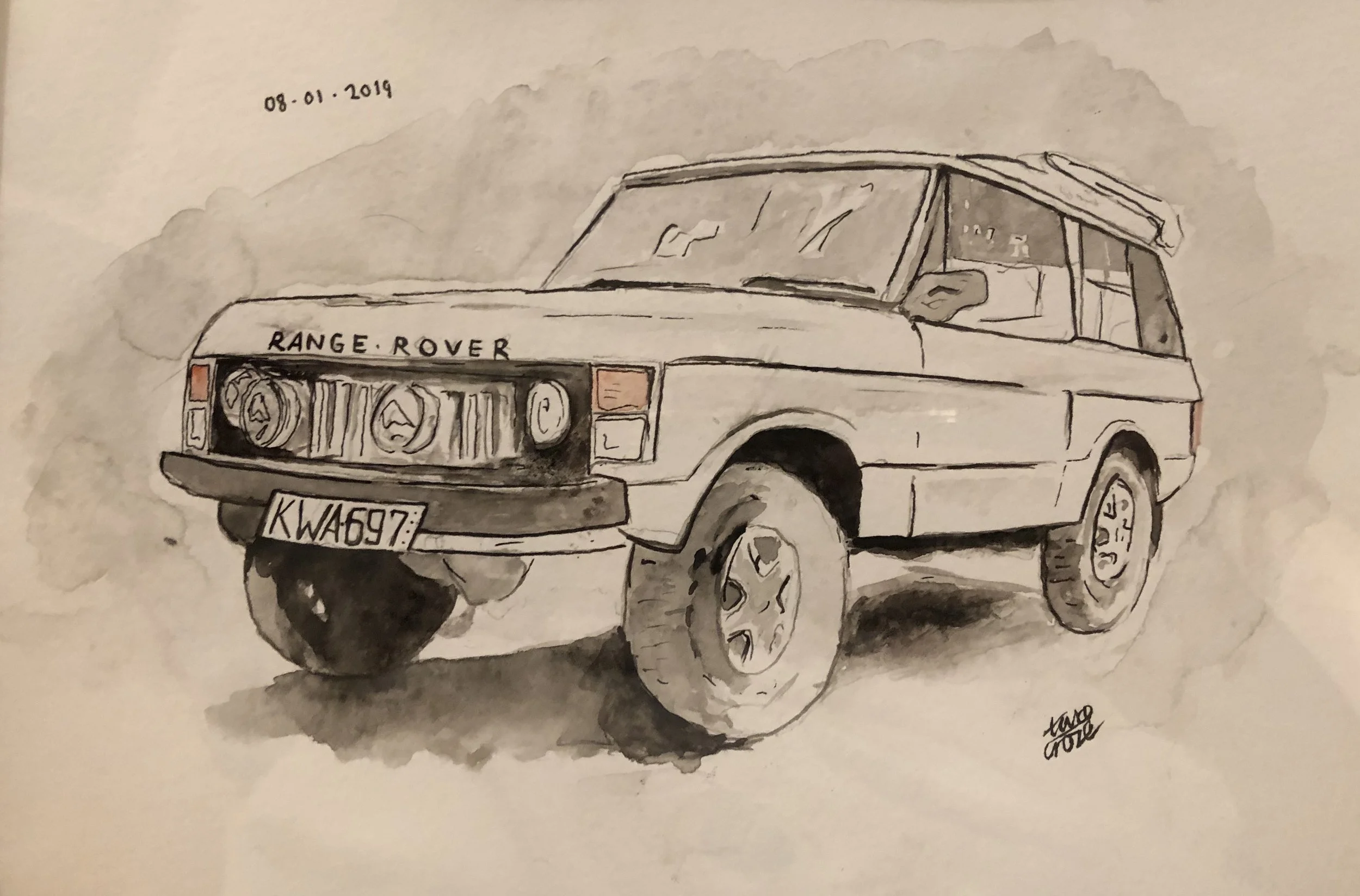 A black and white watercolor-style drawing of a vintage Range Rover SUV with the license plate KW45097, parked with mountains in the background, and the date 08-01-2019 written in the top left corner.