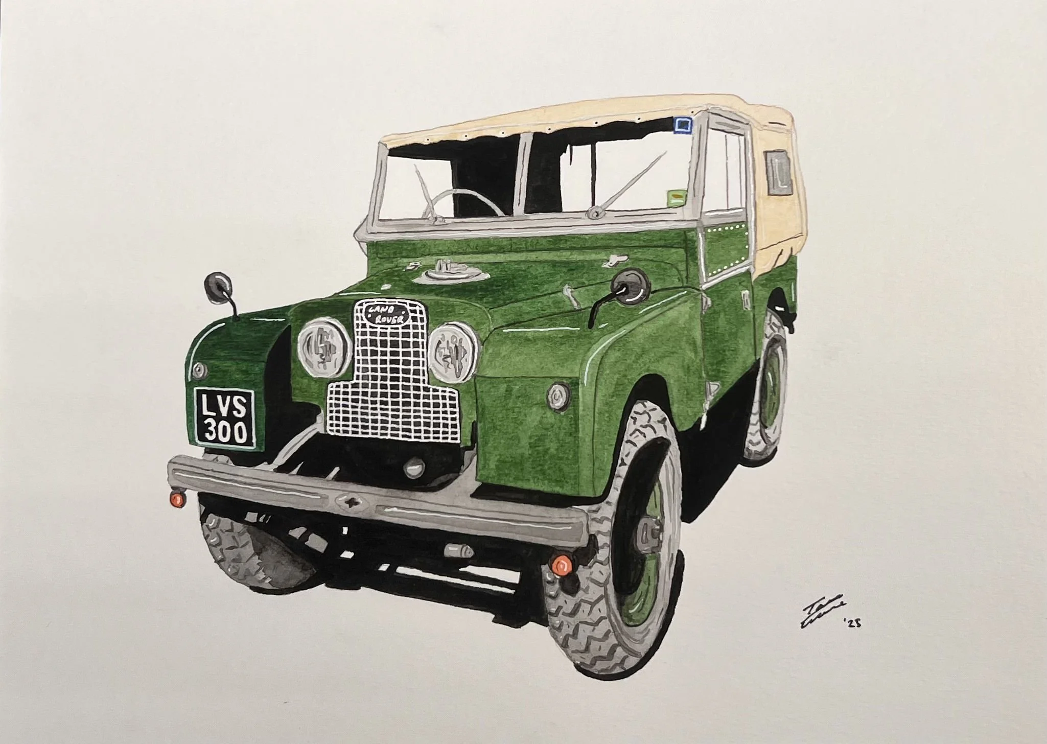 A watercolor painting of a vintage green Land Rover with a beige canvas top, viewed from the front and slightly to the side, showing its round headlights, grill, side mirror, and rugged tires.