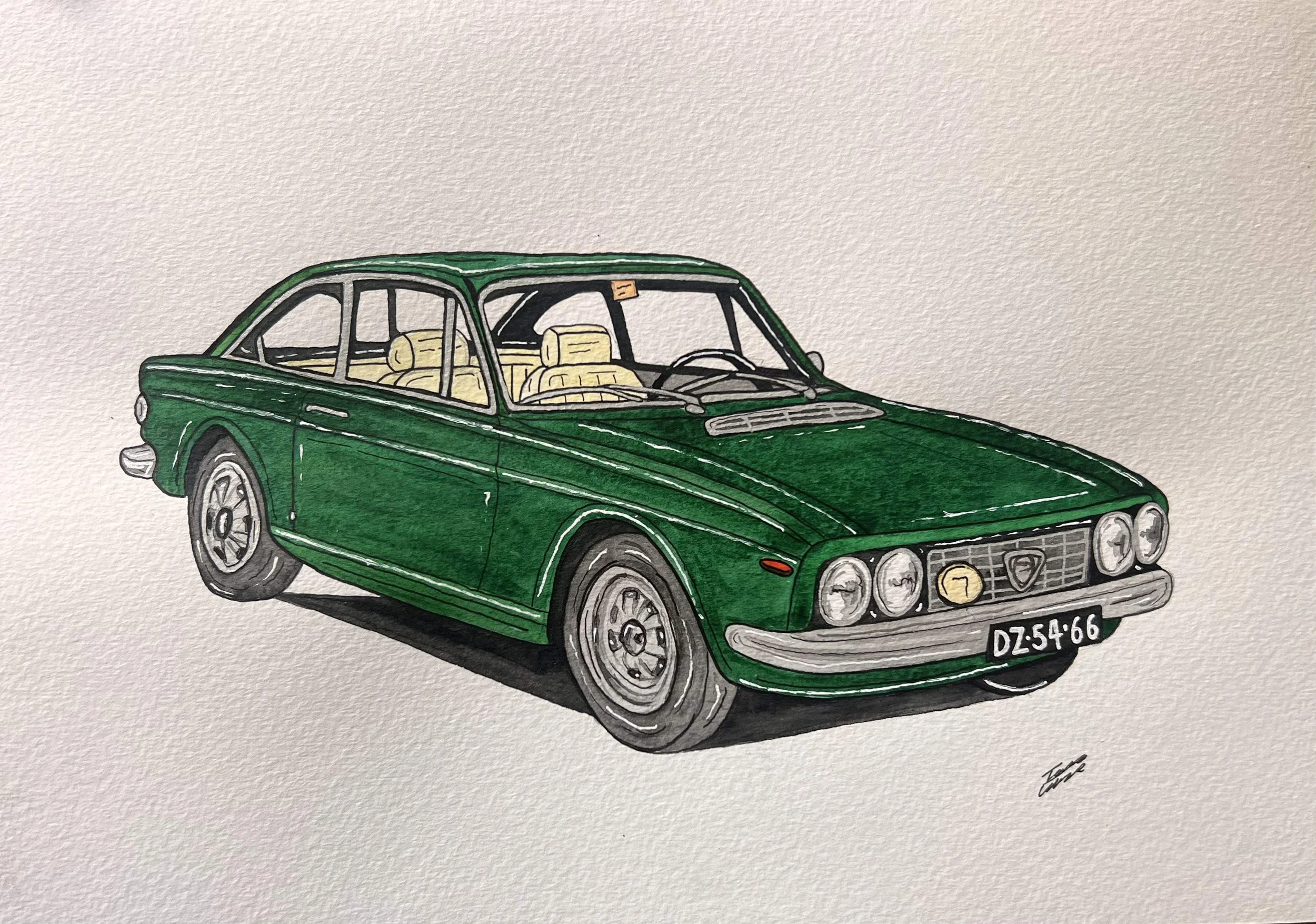 Hand-drawn illustration of a classic green car with beige interior and license plate reading DZ54-66.