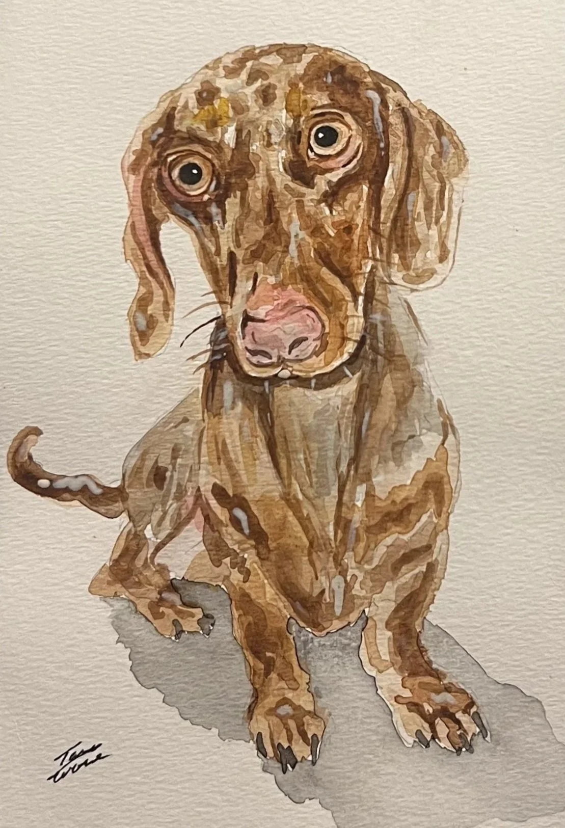 Watercolor painting of a brown dog with long ears, big eyes, pink nose, sitting on a textured light beige background.