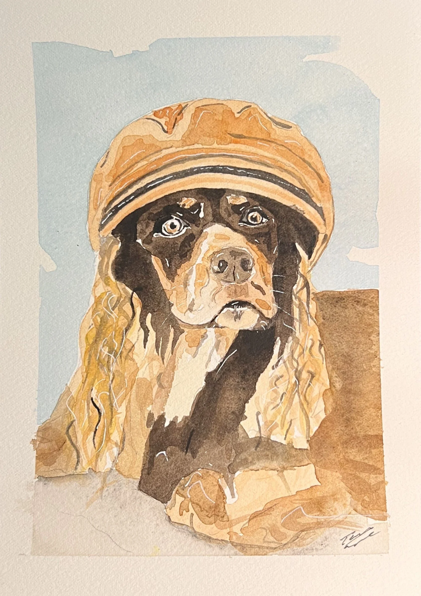 Watercolor painting of a dog wearing a tan hat with black stripes, looking forward with a serious expression.