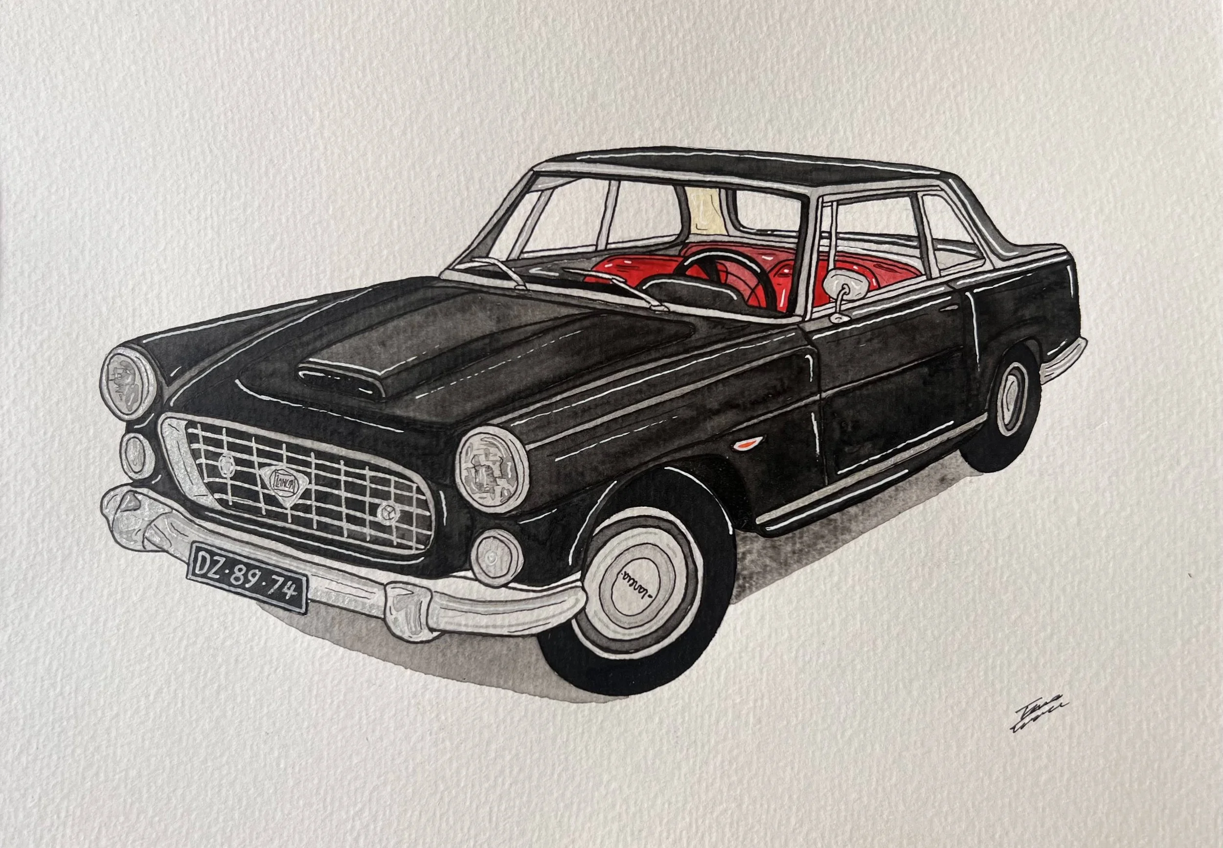 A watercolor painting of a vintage black car with chrome details and red interior, set against a plain background.