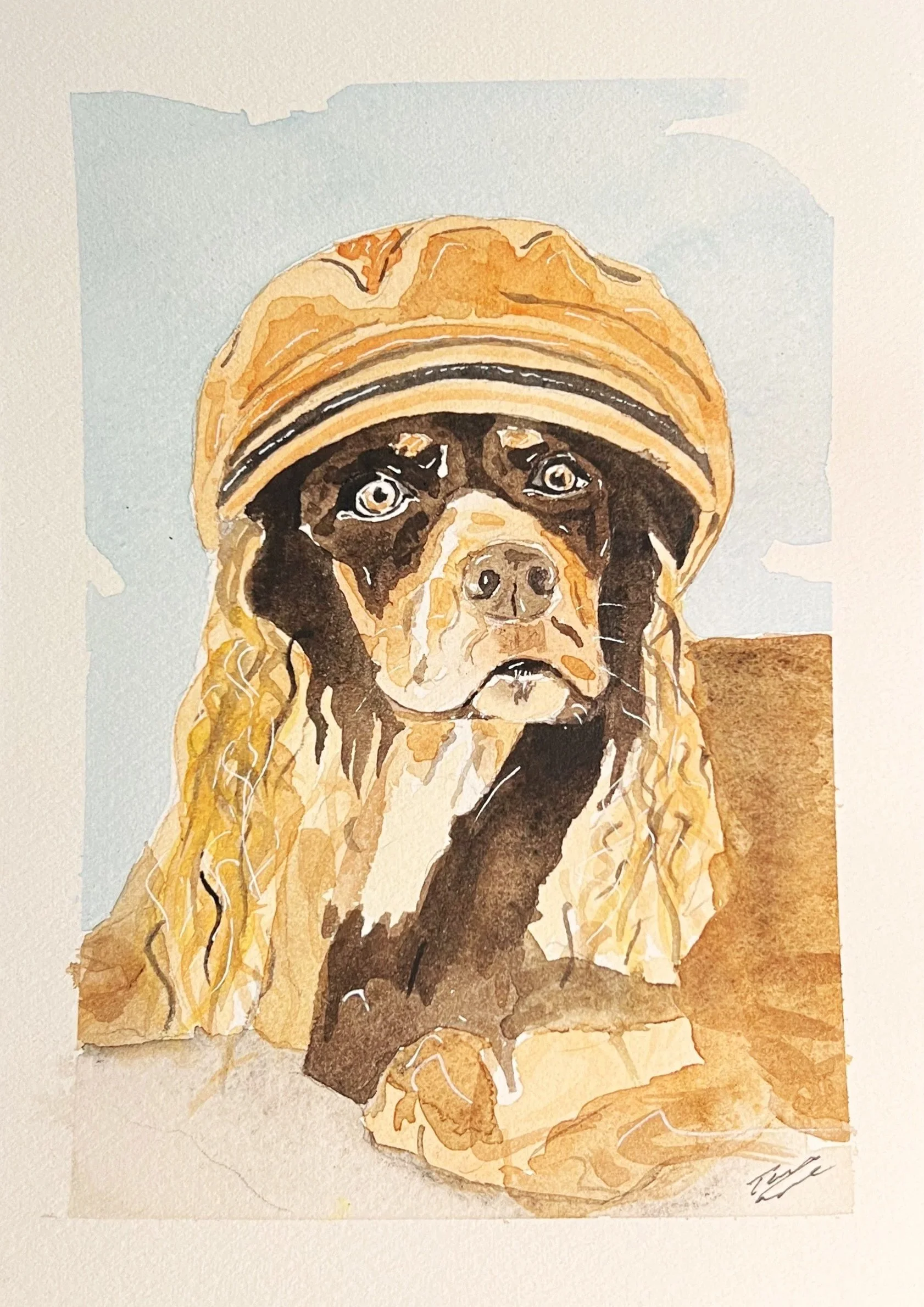 A watercolor painting of a dog wearing a straw hat, looking directly forward. The dog has dark fur with lighter markings around its face.