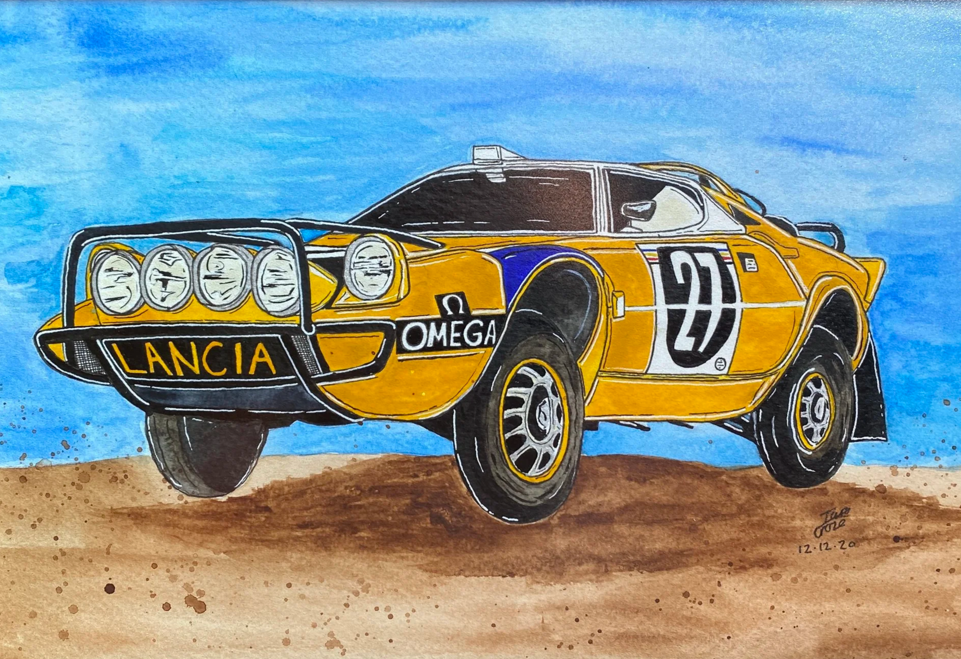 Watercolor painting of a yellow Lancia rally car with mud splatters, set against a blue sky background, signed by the artist and dated 12-12-20.
