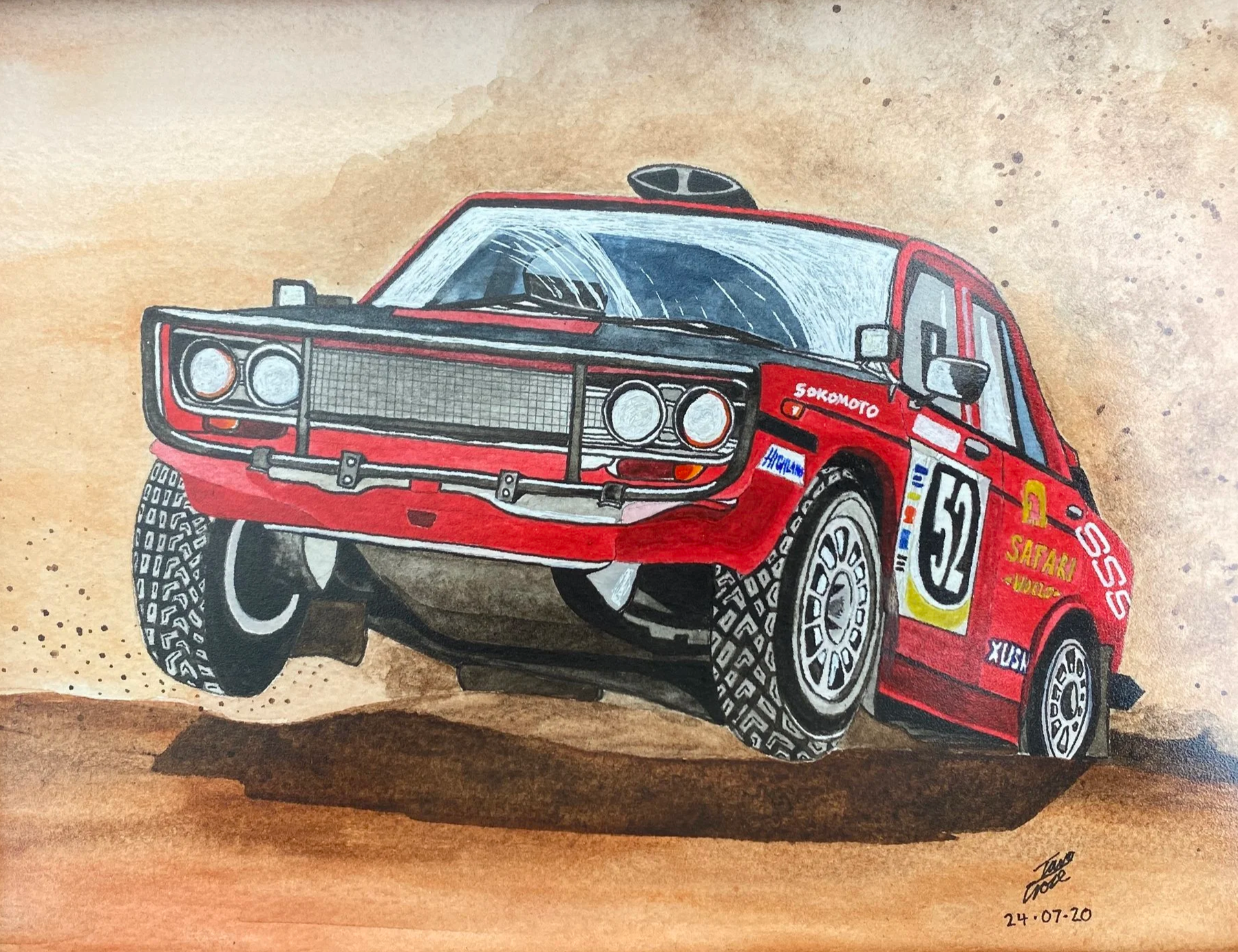 A hand-drawn picture of a red off-road rally car with the number 52 on its side, driving on a dirt surface. The car has additional lights on its front bumper, a protective grille, and various sponsor decals. The drawing is signed and dated 24-07-20.