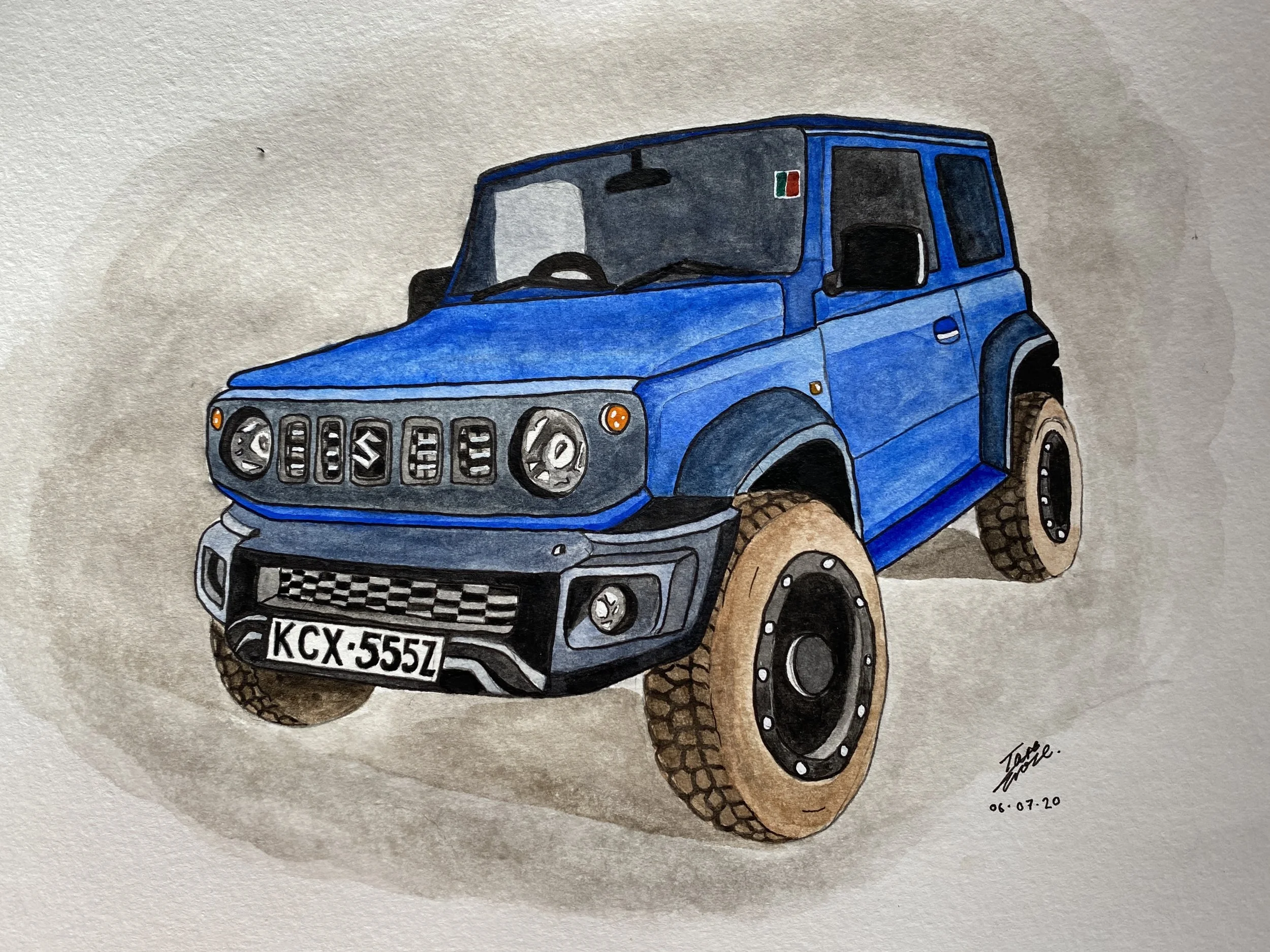 A watercolor painting of a blue off-road vehicle with the license plate 'KCX-555Z,' rugged tires, and a small Italian flag decal on the side, signed by the artist and dated 06.07.20.