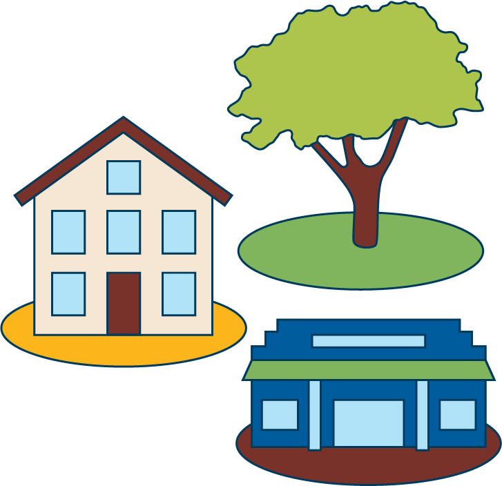 tree, home, and storefront