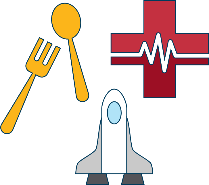 culinary tools, spaceship, and medical symbol