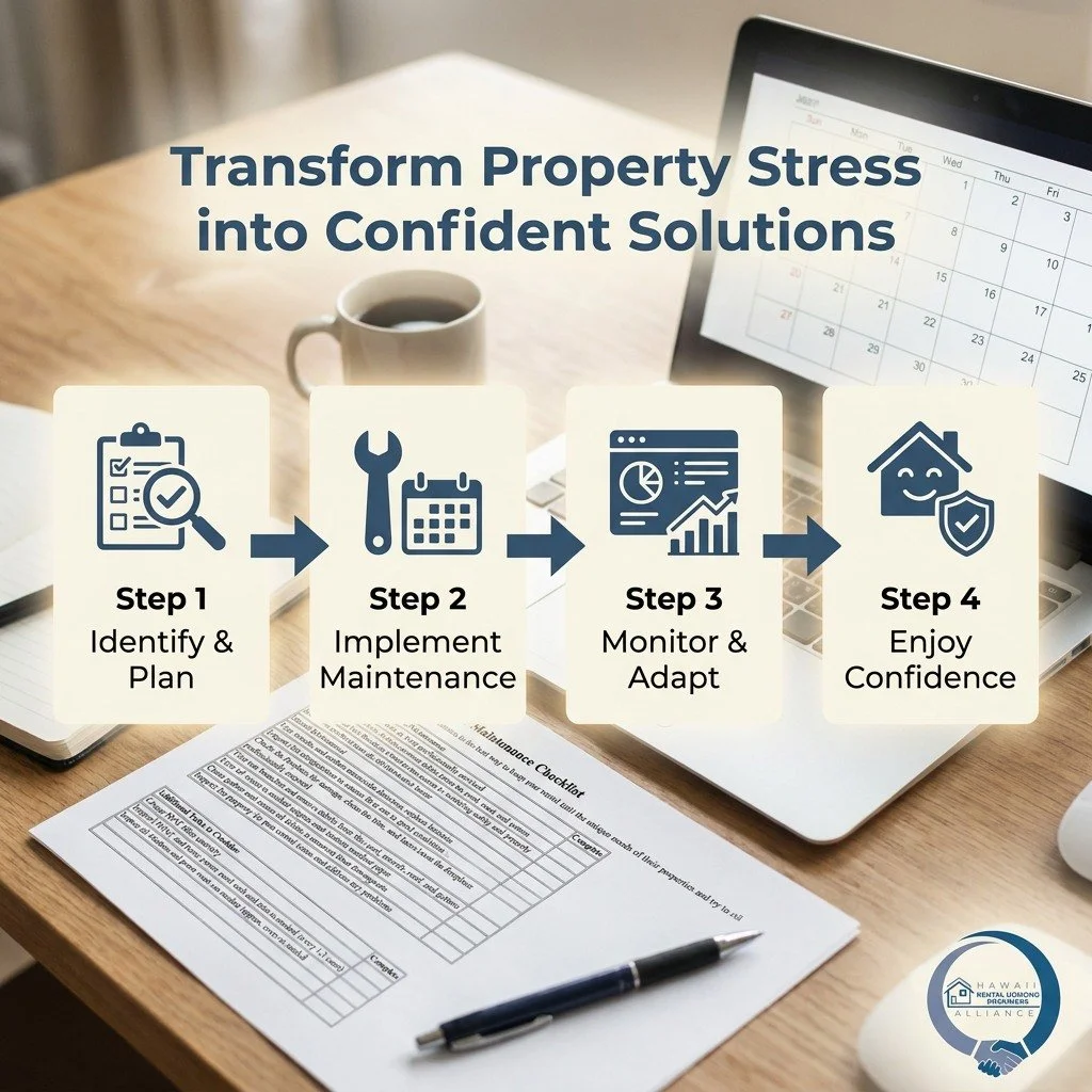Property management is a balancing act, but it doesn't have to be overwhelming. Move from stress to confidence with a structured approach. Which of these four steps are you focusing on this week?

#HawaiiRentals #PropertyManagement #RentalHousing #Mo