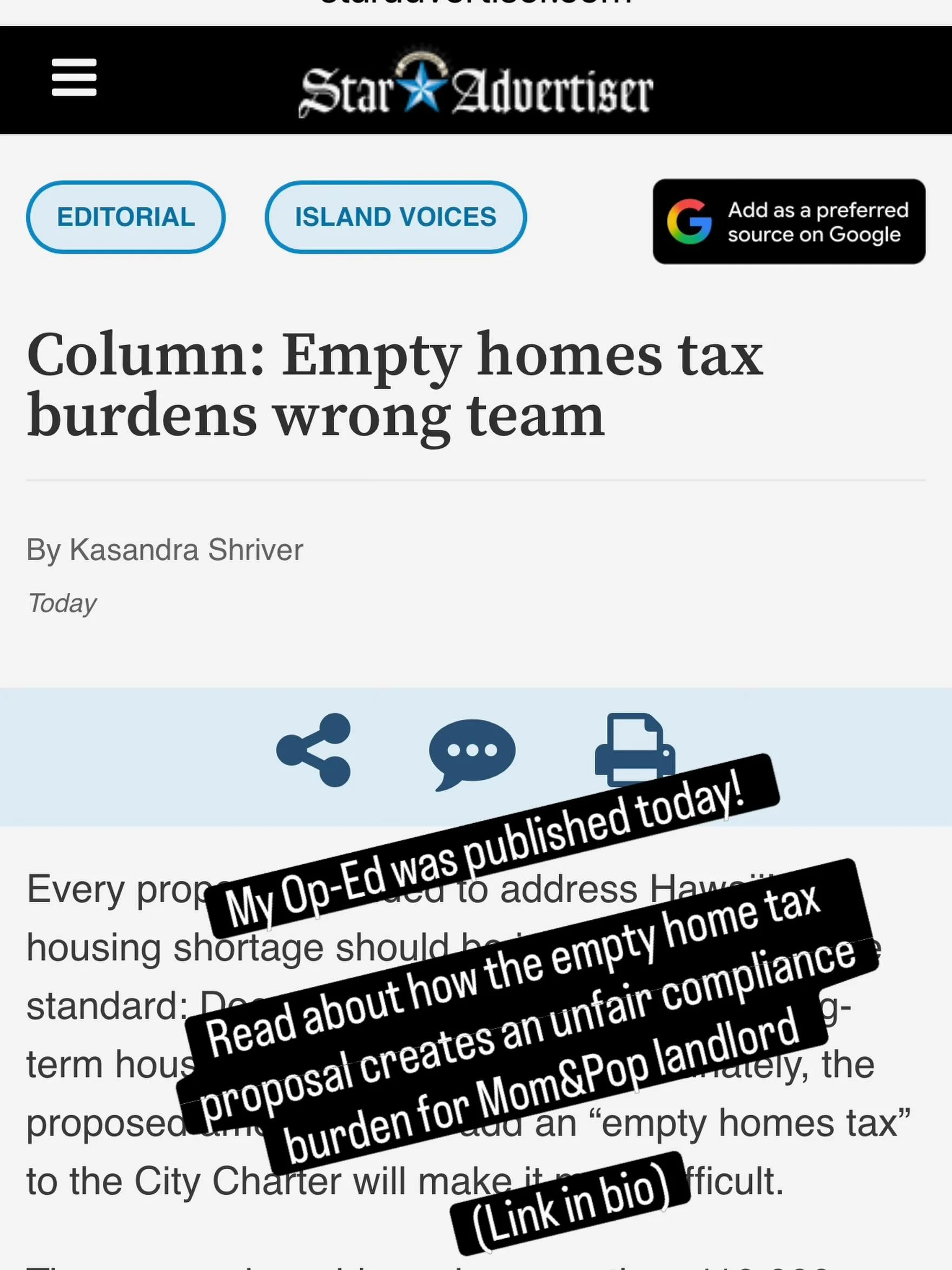 I&rsquo;m proud to share that my recent opinion piece was published in the Honolulu Star-Advertiser.  The article highlights the compliance burden an empty homes tax regime would place on Mom&amp;Pop landlords, and the importance of policies that enc