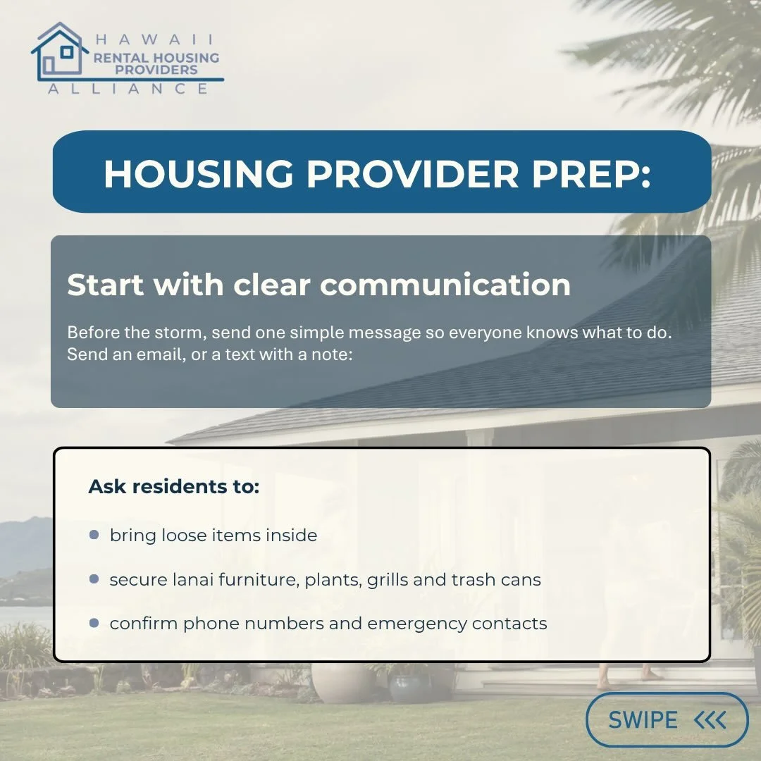 Hurricane preparation works best when rental housing providers and residents communicate early and know what to expect before, during, and after the storm.

A few simple steps can help protect the property, reduce confusion, and make it easier to res