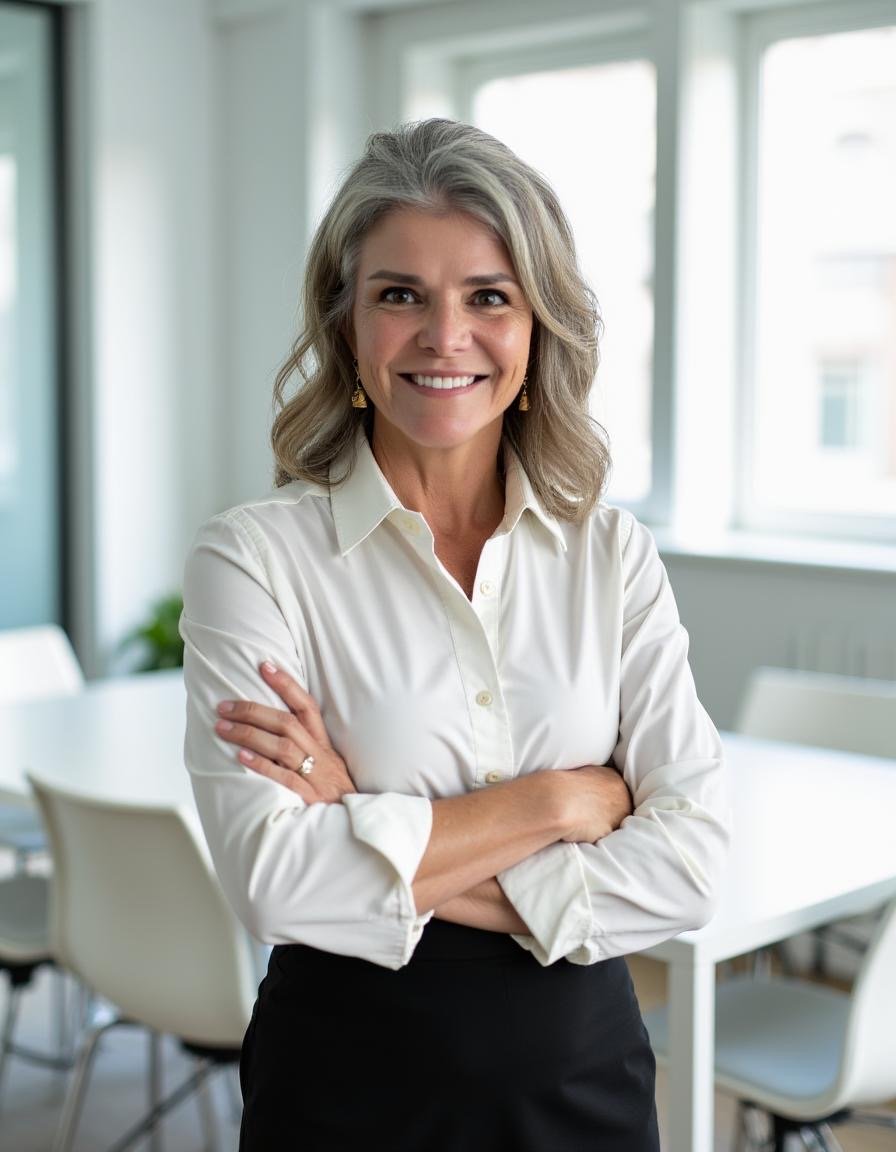 A smiling woman with blonde hair wearing a pink top with tassel details on the sleeves, standing outdoors with a blurred cityscape and palm leaves in the background.