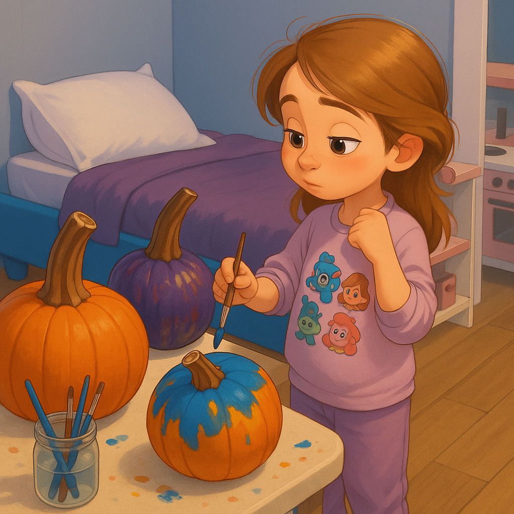 A young girl painting pumpkins orange and purple on a table in a bedroom.