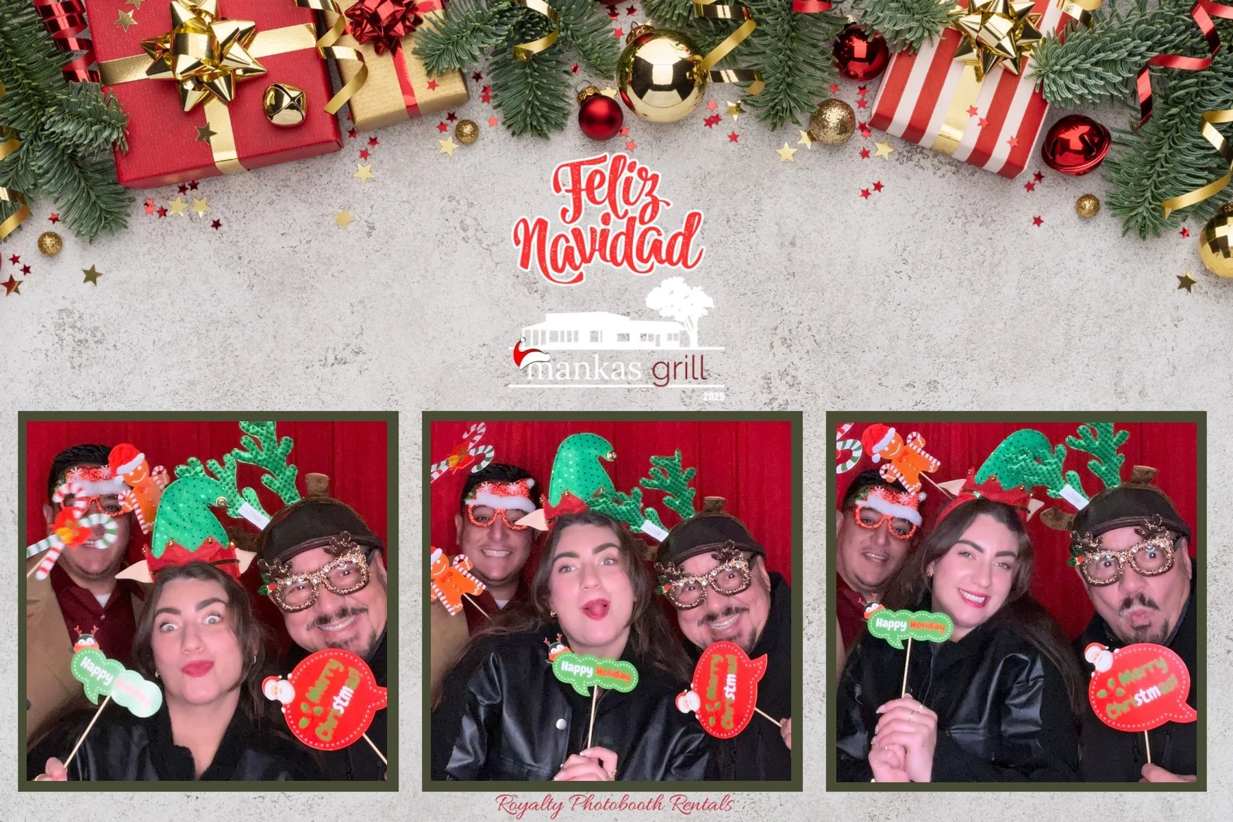 Christmas photo booth collage featuring three photos of people wearing festive accessories, holding holiday-themed signs, with red curtains in the background. The collage is decorated with Christmas ornaments, greenery, and presents at the top, and i