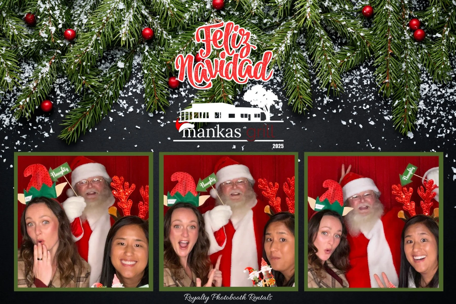 Holiday photo strip featuring three pictures of two women and a man dressed as Santa Claus at a Christmas-themed photo booth. The images show the women wearing Christmas headbands with reindeer and elf ears, making playful expressions. The backdrop i