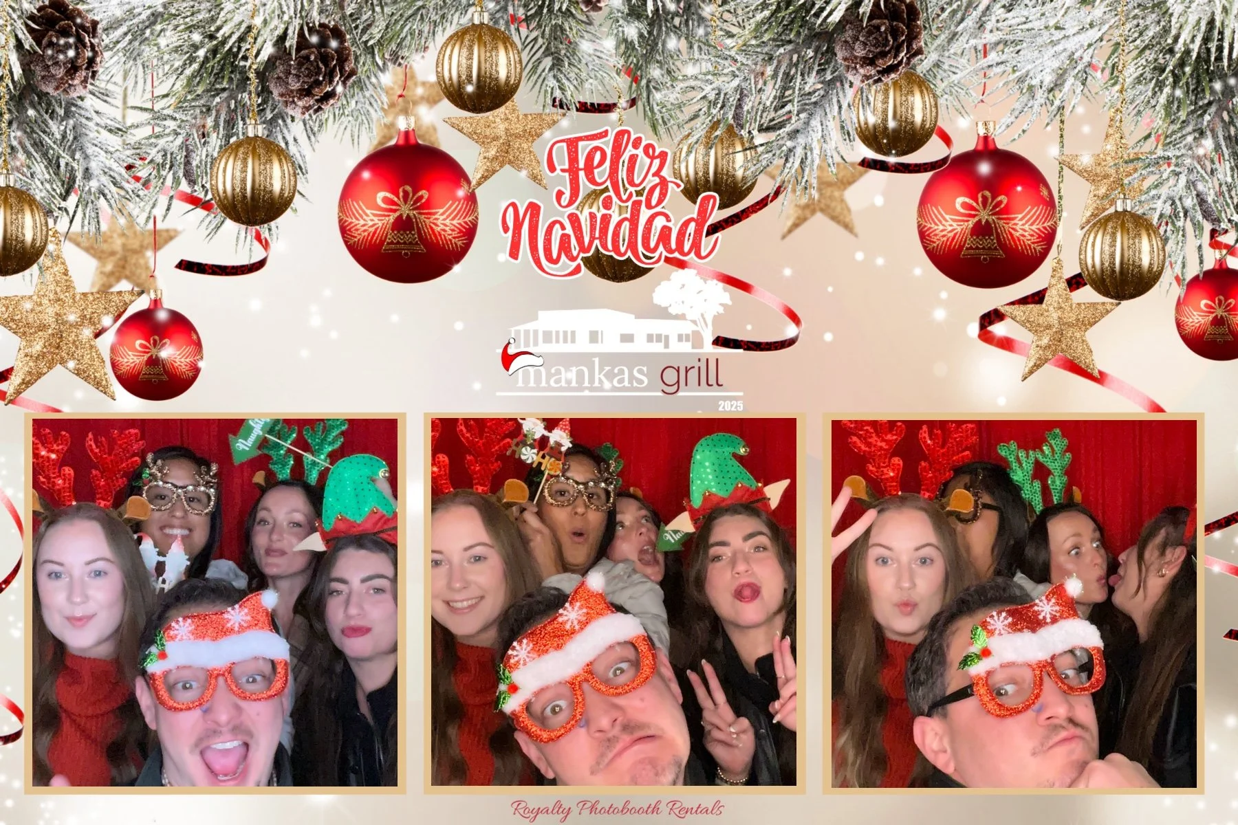 A festive Christmas photo collage with three group pictures of people at a holiday party. They are wearing Christmas-themed accessories like reindeer antlers, elf hats, Santa glasses, and Christmas-themed glasses. The background features red curtains