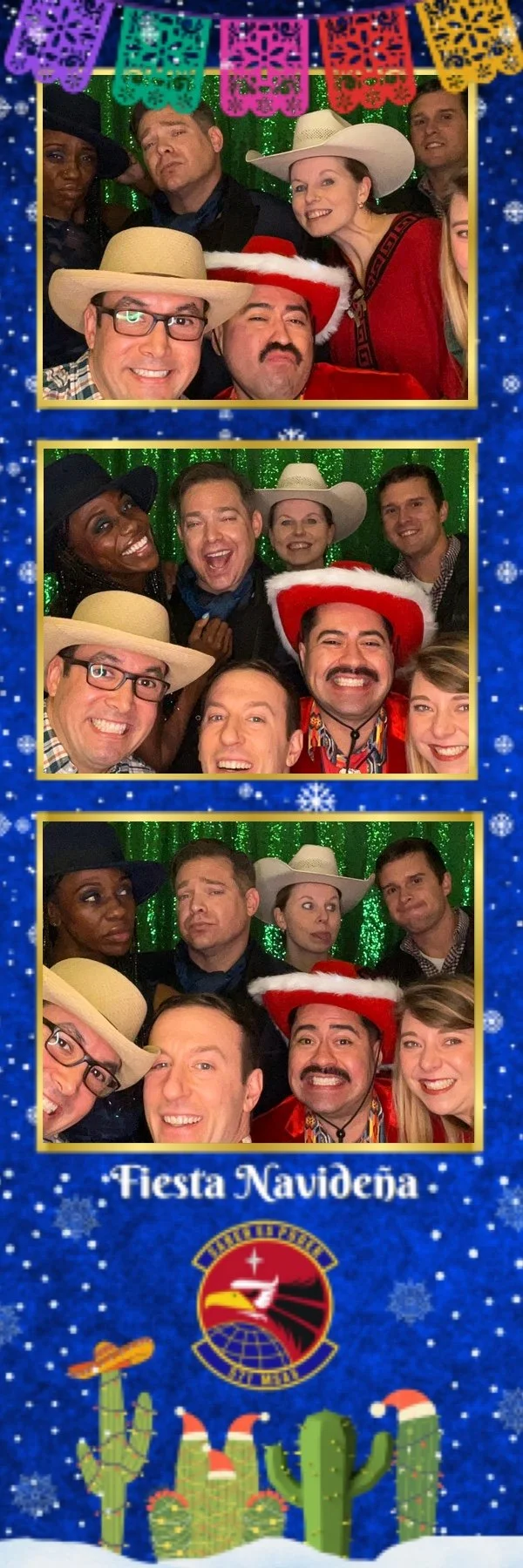 A group of people celebrating Christmas, dressed in festive costumes and hats, taking three group photos in a photo booth with a green and blue glittery background, decorated with colorful papel picado banners and a festive border with snowflakes, ca