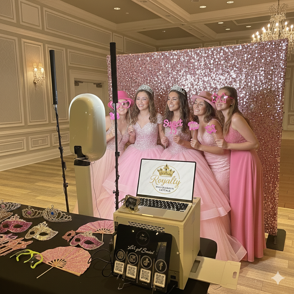 Collage of four photos from a festive celebration with friends and a couple. The top left photo features people in fun costumes and accessories, smiling and making peace signs. The top right photo shows a group of women hugging and laughing in front of a gold sequin backdrop. The bottom left photo has women posing playfully with puckered lips in front of a pink sequin backdrop. The bottom right photo captures a romantic moment between a bride and groom, kissing in front of a silver sequin backdrop.