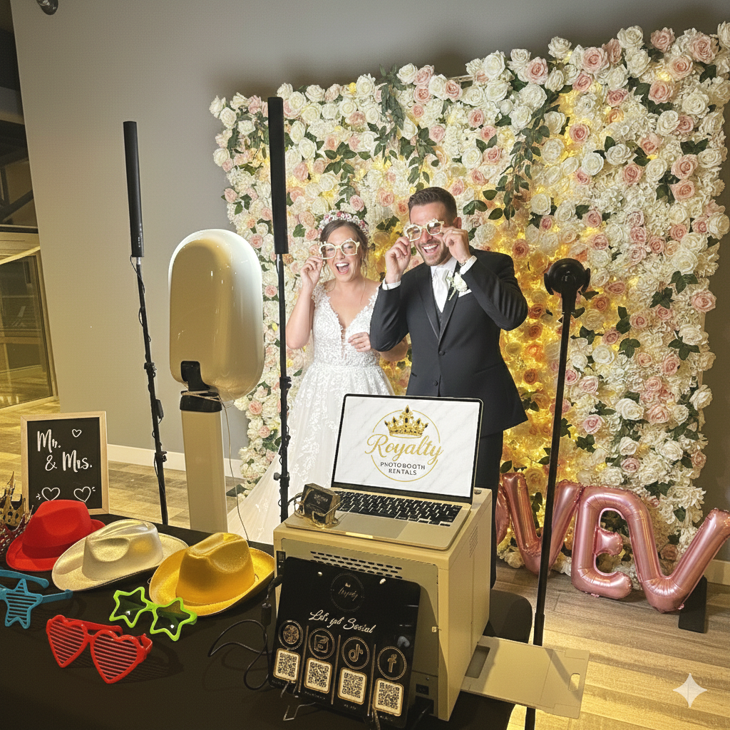 An automated check-in kiosk with a floral-themed digital display reading 'Robyn JARRETT' against a backdrop of gold and white balloons and a shiny gold mosaic wall.
