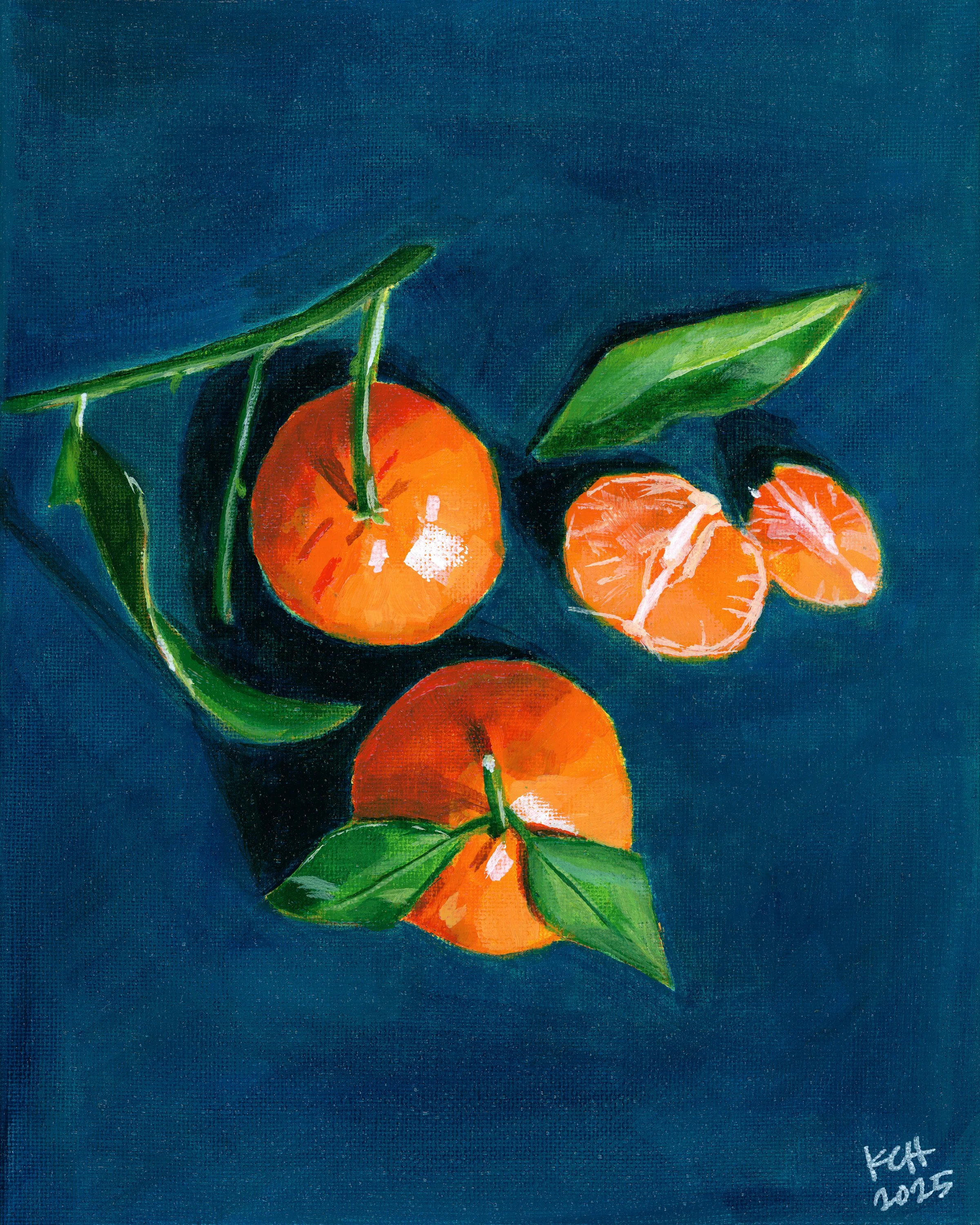 Painting of three clementines with green leaves on a dark blue background.