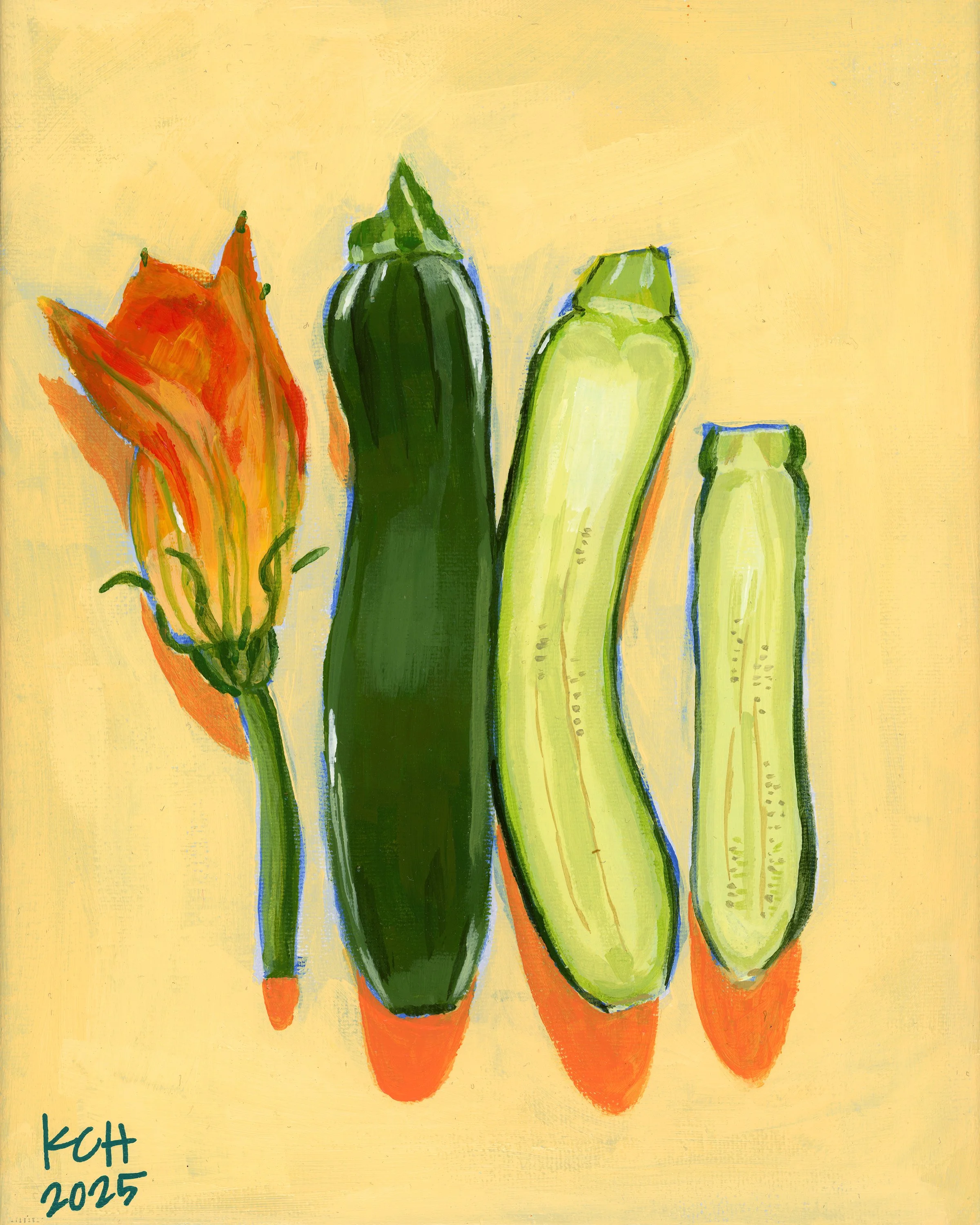 Zucchini 4 ways · 8x10 · Acrylic on canvas · 2025