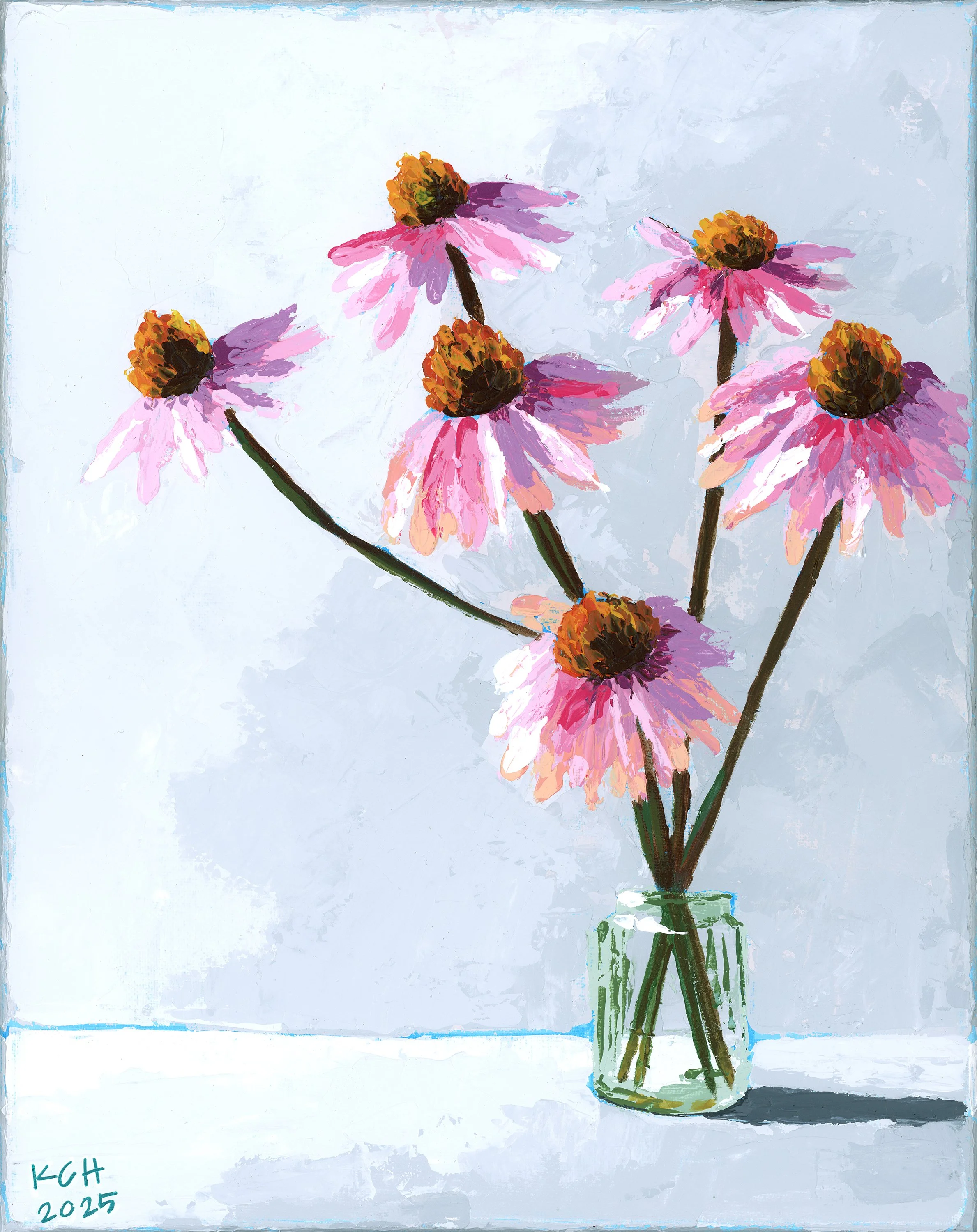 Painting of pink cone flower in a small glass jar on a white surface with a white background.