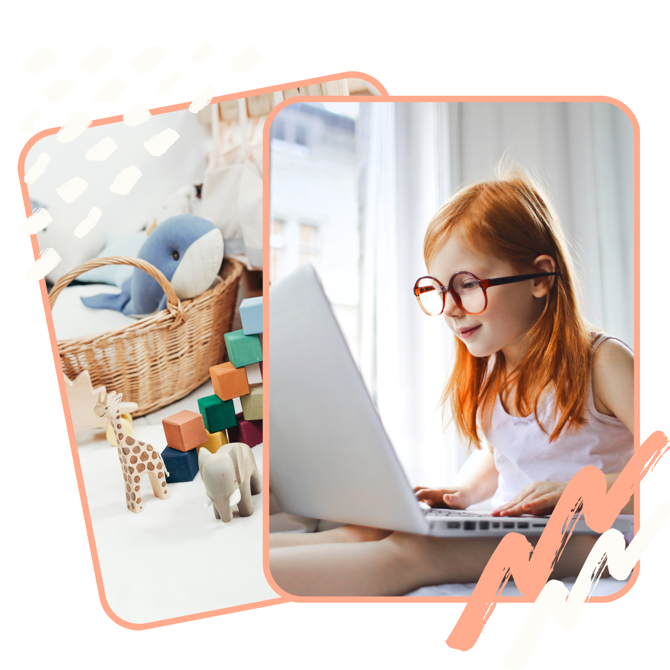 A young girl with red hair and glasses using a laptop, with a basket of stuffed toys and wooden animal figurines nearby.