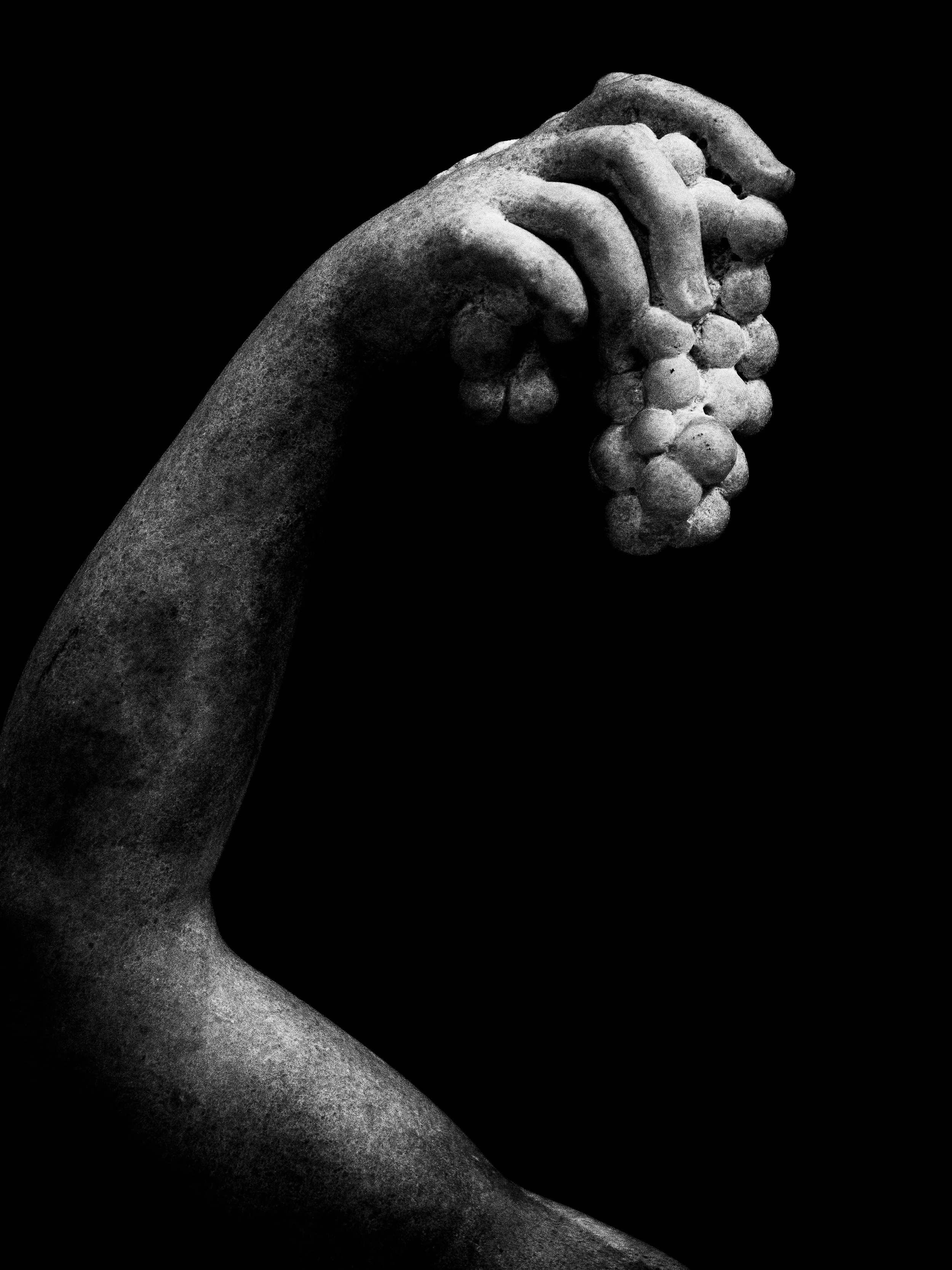 Black and white photograph of a stone sculpture of a hand holding a cluster of grapes against a black background.