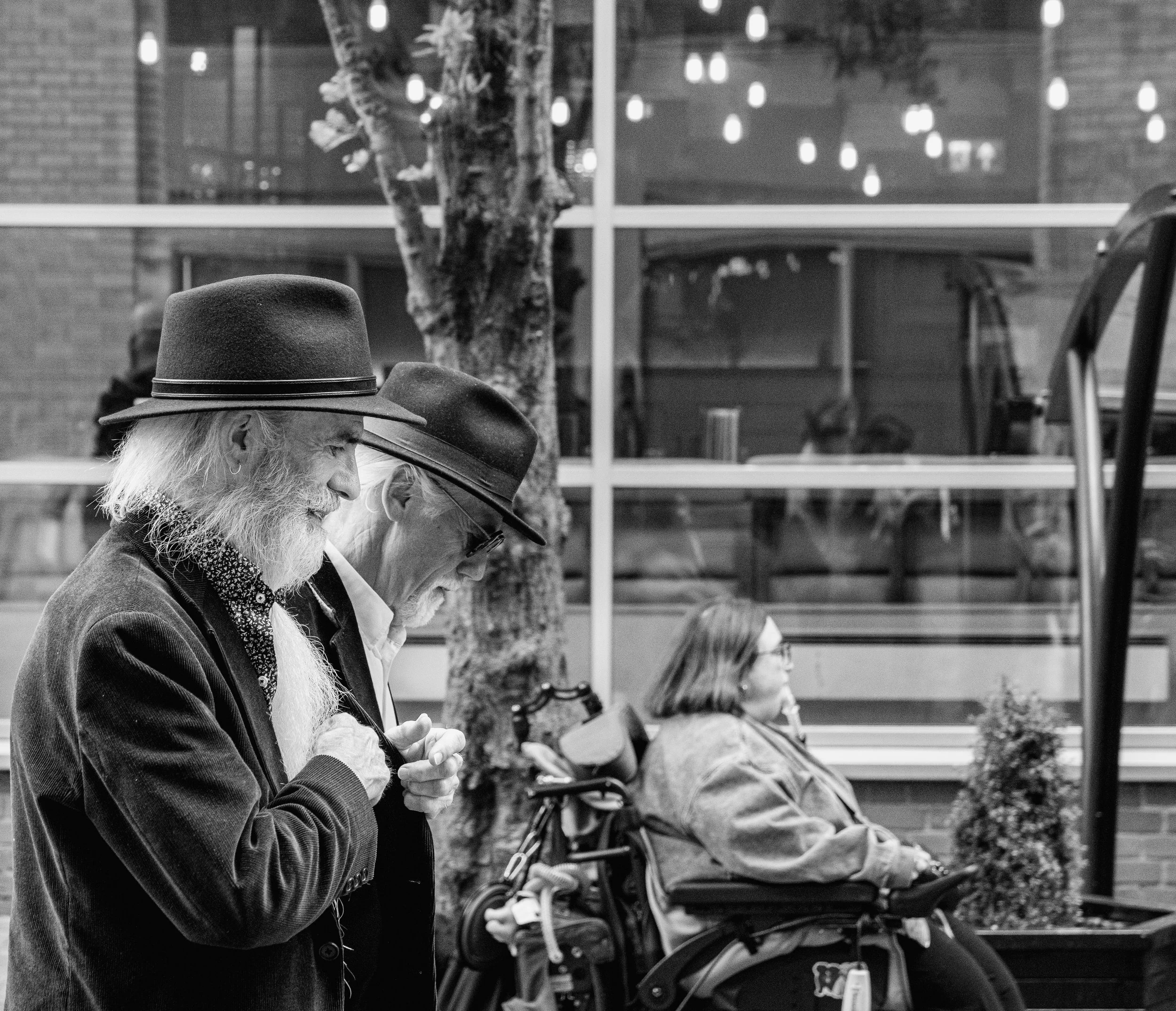Two elderly men with white hair and beards, wearing hats, standing outdoors near a tree and large window, with a woman in a wheelchair in the background.