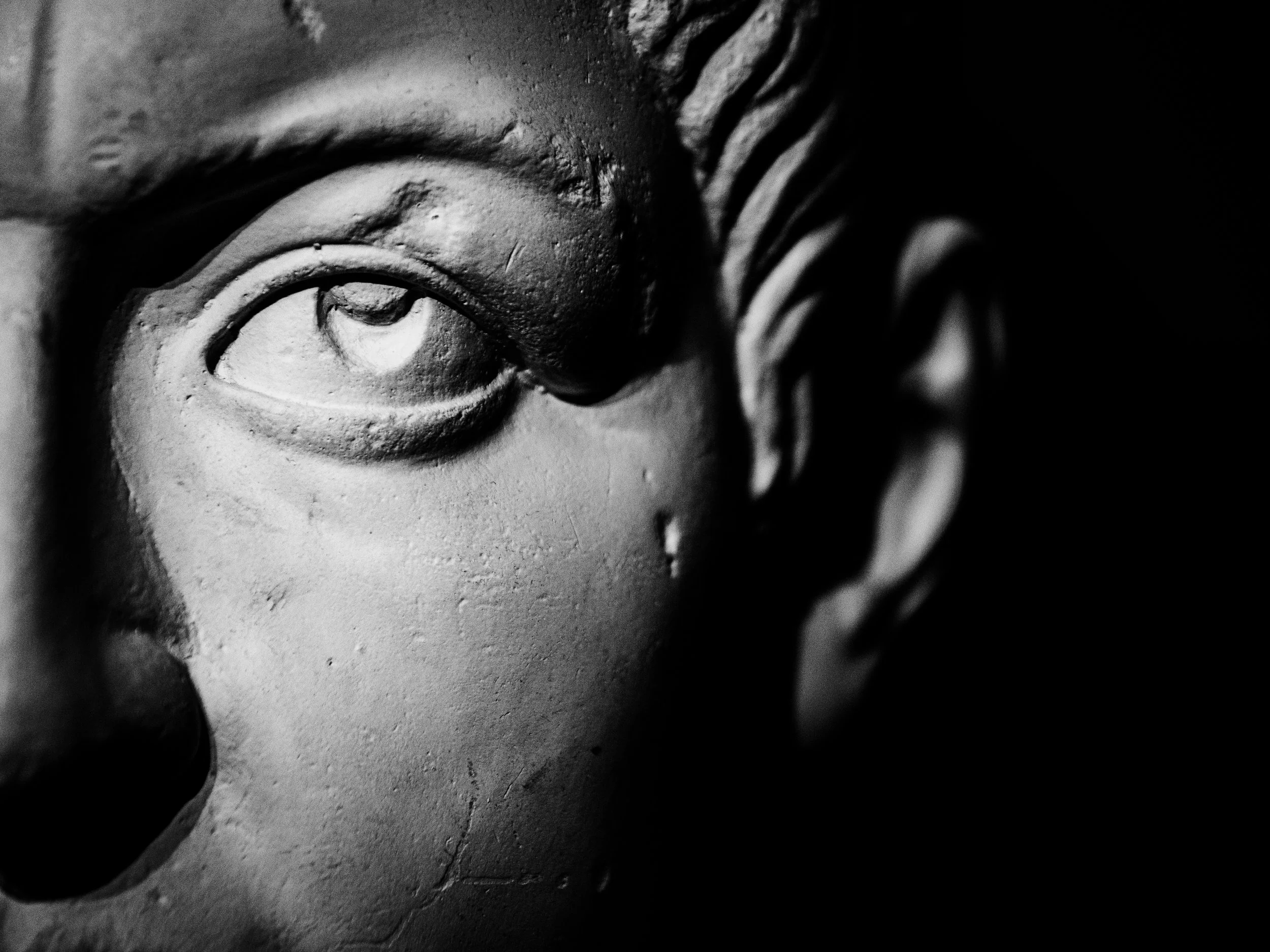 Close-up of a black and white sculpture of a face, showing one eye, part of the nose, and detailed textures of the material.