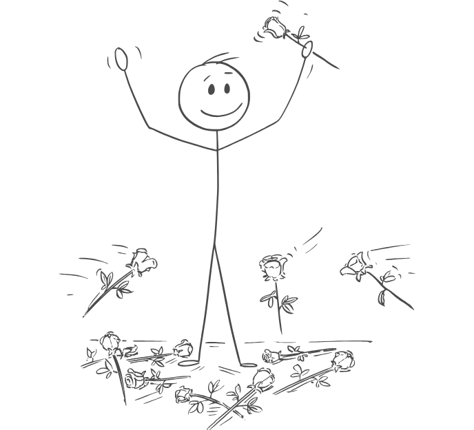 A smiling stickman on stage receiving roses thrown onto the stage