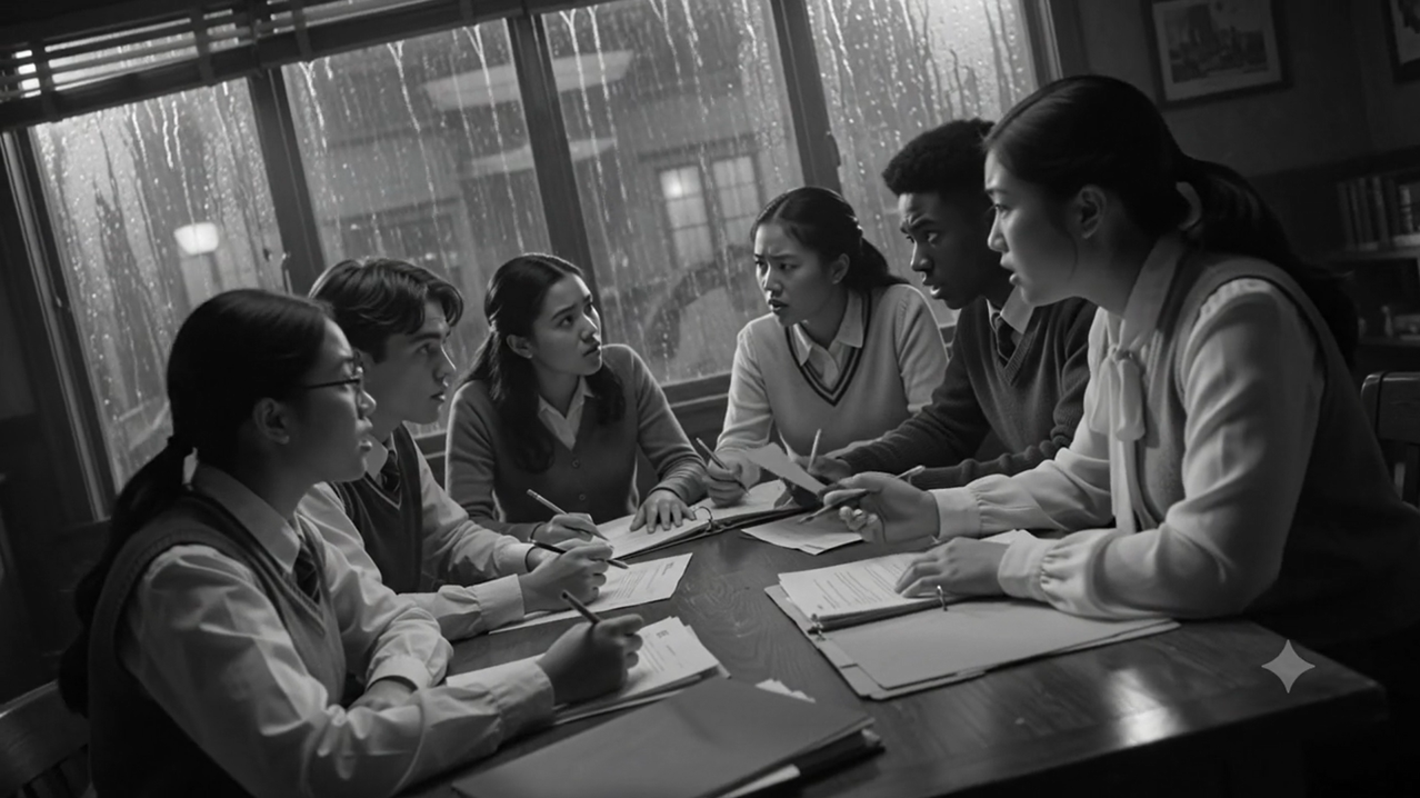 A black and white blurred out image of a group of six teens seated around the table for a discussion.