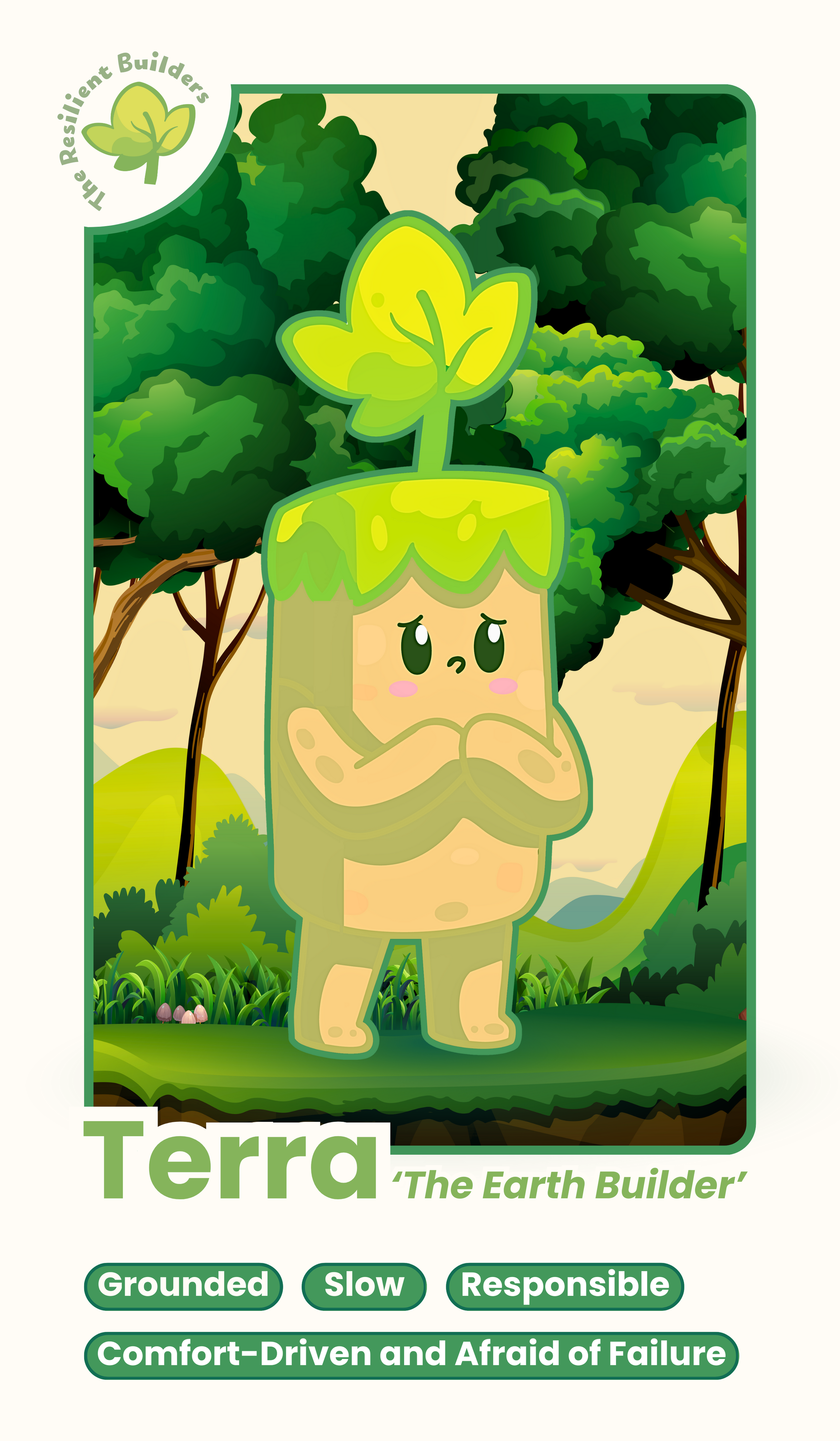 A cartoon character named Terra, 'The Earth Builder,' with a body resembling a tree trunk and a leaf on top of her head, standing on a green landscape with trees and hills in the background.