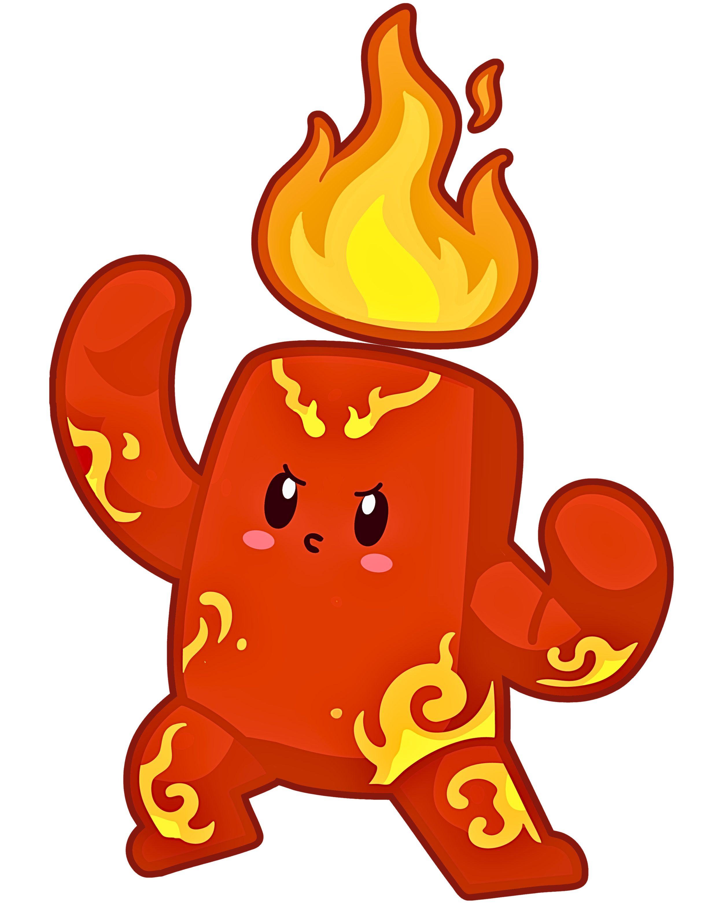 A cartoon illustration of a fiery, muscular creature with a flaming head, clenched fists, and an angry expression.