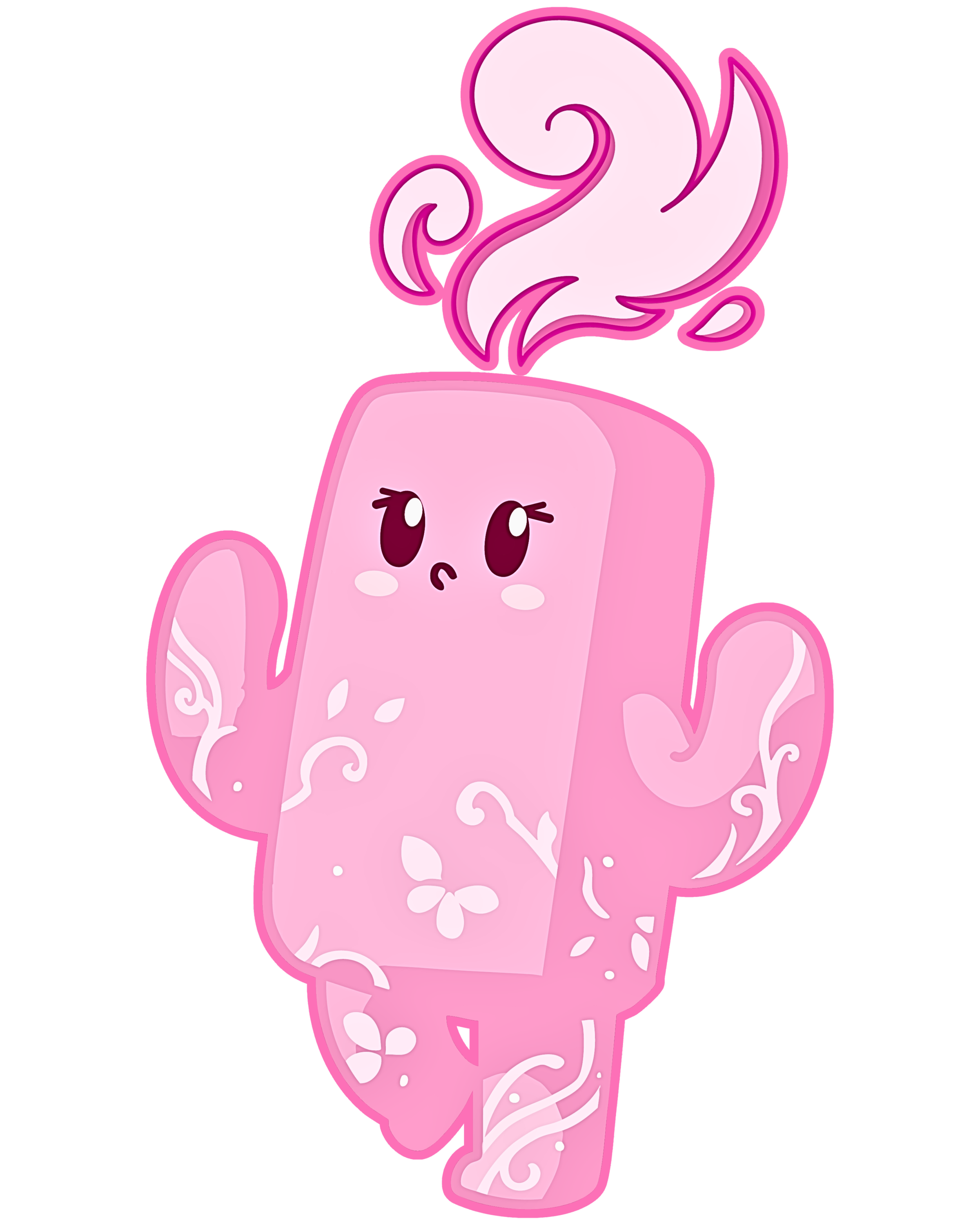 A cute pink cartoon cactus with facial features, curly pink and white decorative patterns, and a pink and white swirling plume of smoke or steam coming from its top.