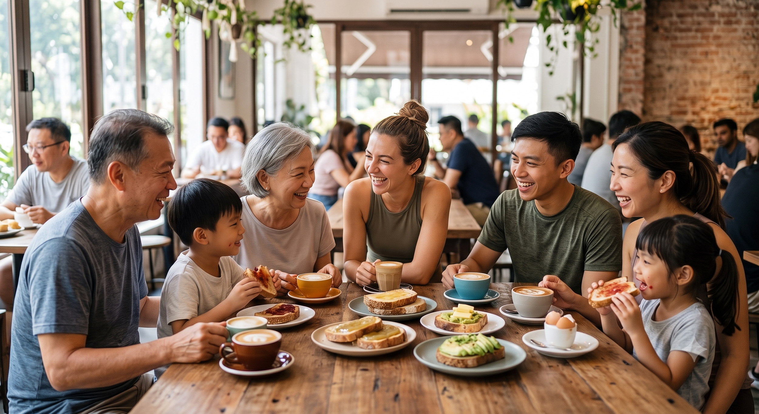 Multiple generations of a family enjoying breakfast at a restaurant, smiling and laughing, with plates of toast, eggs, and coffee on the table.