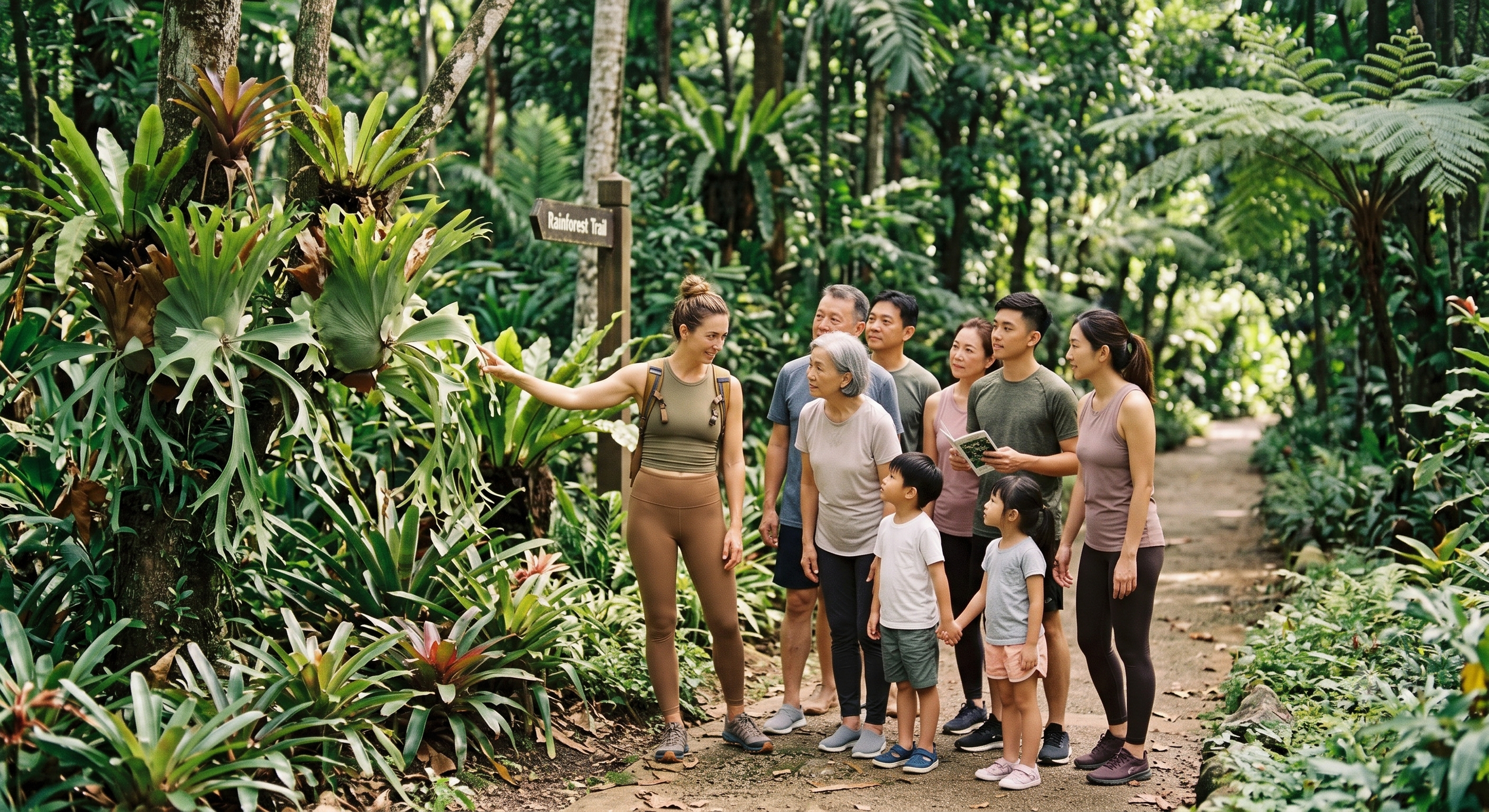 A group of people on a rainforest tour. They are gathered around a guide who is pointing at tropical plants and explaining. The scene is lush with green foliage and a sign that reads 'Rainforest Trail' in the background.