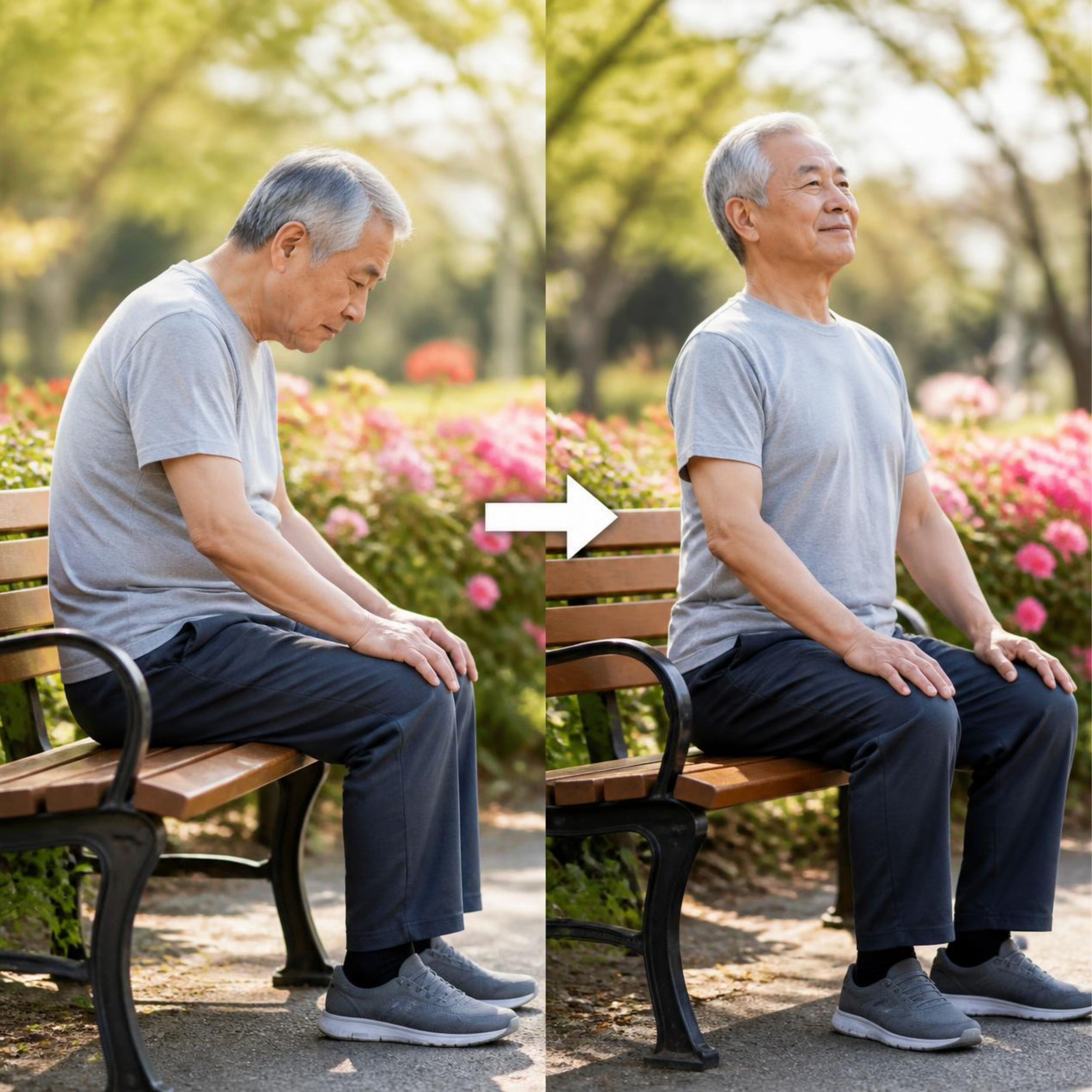 Side-by-side comparison of an elderly man sitting on a park bench with his head bowed and eyes closed in the left image, and him sitting calmly with eyes open and a slight smile in the right image. The park has greenery and pink flowers in the background.
