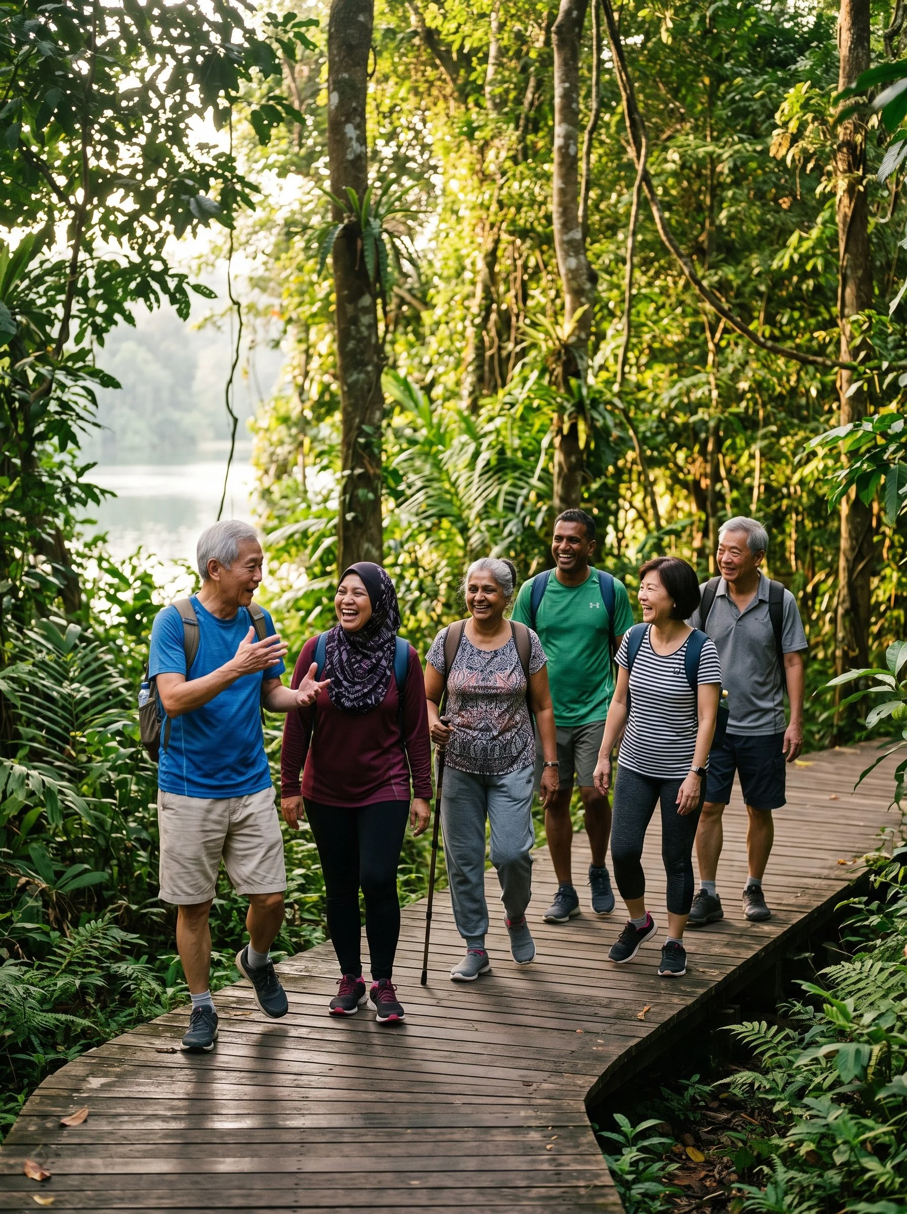 A diverse group of seven people walking and talking on a wooden boardwalk through a lush green rainforest during daytime, smiling and enjoying each other's company.